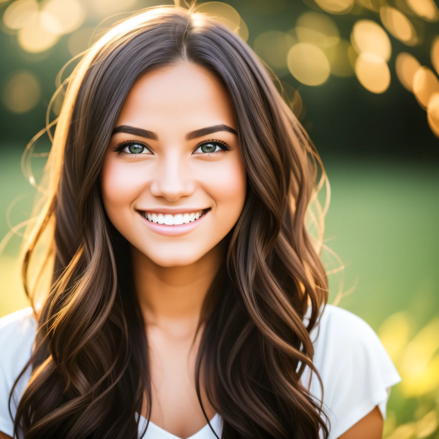Consider a photograph that captures the captivating charm of a young woman. The subject of the photo is a woman in her early twenties, her face lit up by a radiant smile. Her eyes, intense and full of life, are the focal point of the image. They hold a depth of emotion that draws the viewer in, creating a connection that transcends the two-dimensional nature of the photograph.

Her smile is genuine and full of warmth, transforming her face and adding a sparkle to her eyes. The way the light plays on her features enhances her natural beauty, casting soft shadows that add depth to the image. Her hair is styled casually, framing her face and adding to her youthful appearance.

The background of the photograph is kept simple, ensuring that the woman remains the center of attention. The lighting is soft yet effective, highlighting the woman's features without creating harsh shadows.

This photograph is a testament to the woman's vibrant personality and the photographer's ability to capture it. Please provide a comprehensive analysis of this photograph, focusing on the composition, lighting, and the emotional impact of the scene. --auto