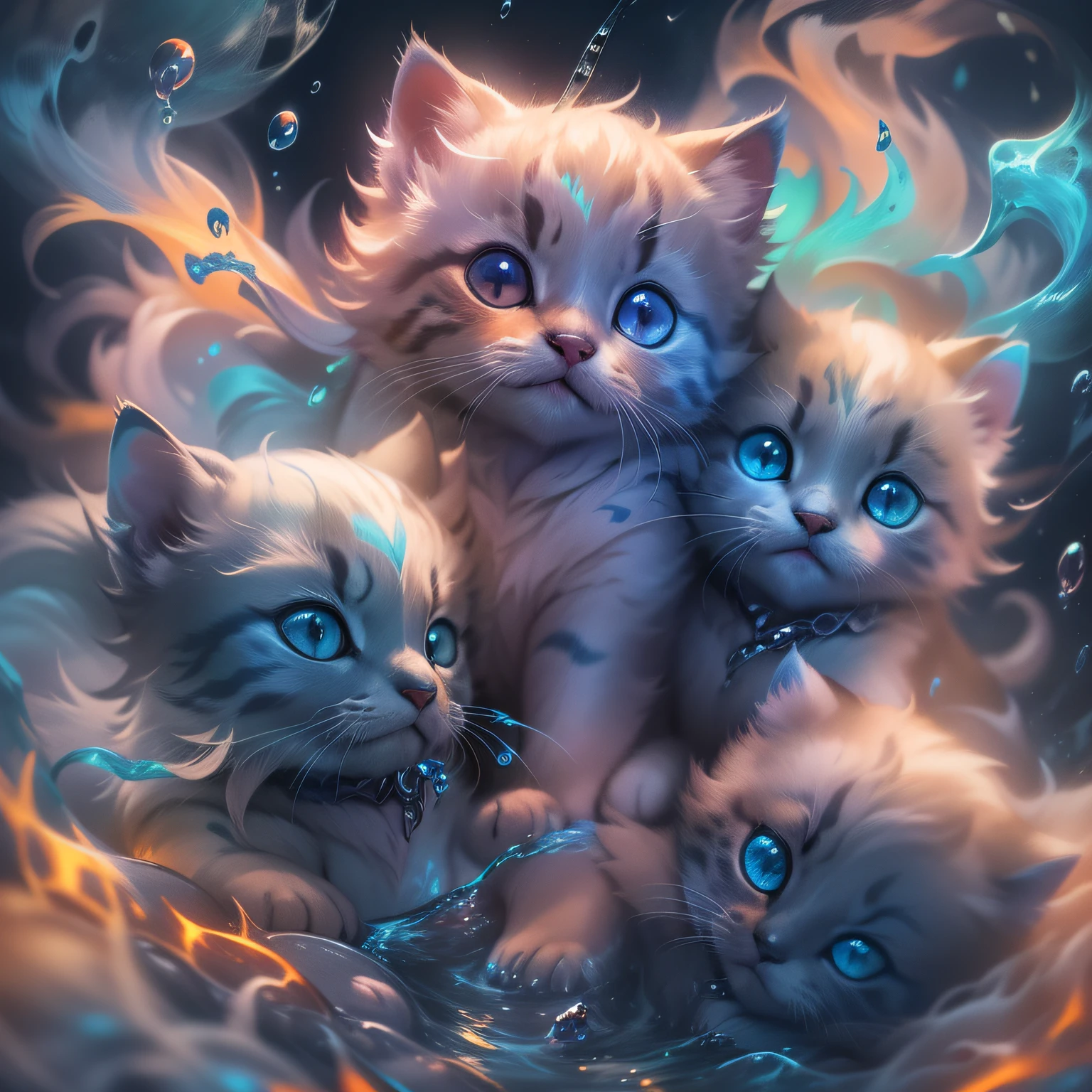 splash art, Liquid cute kitten puppies made of color,Splash style of colorful paint, hyperdetailed intricately detailed, fantastical, intriciate detail, splash screen, Fantasy, Concept Art, in 8k resolution, DeviantArt masterpiece, moonlit glow