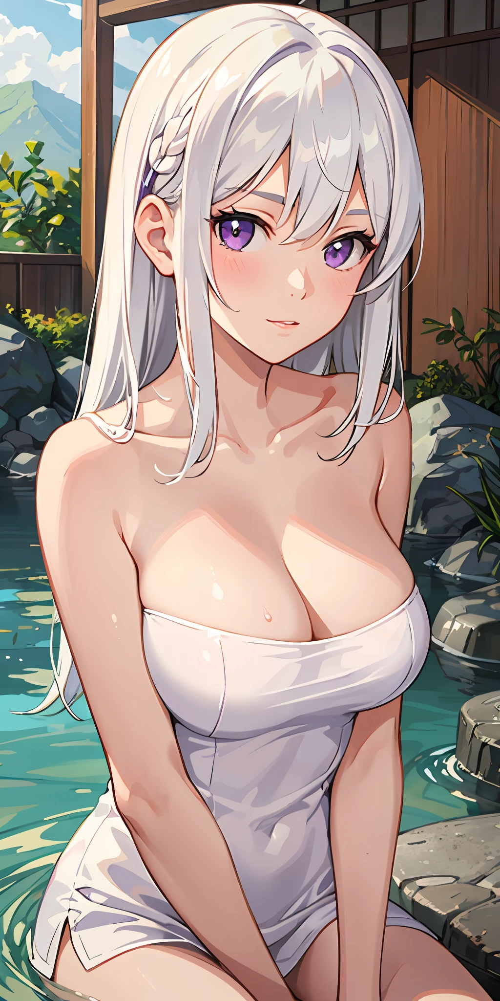 1girl, white hair, purple eyes, portrait, realistic, towel, (onsen), sidelighting, wallpaper, nsfw,