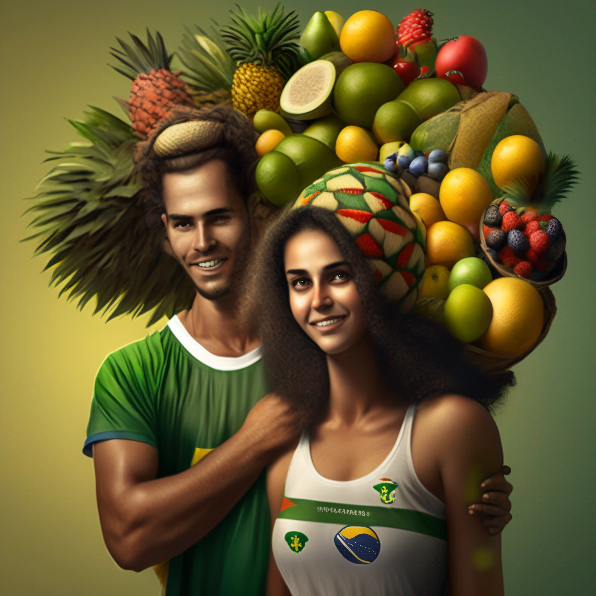 melhor qualidade: 1.1), (Realistic: 1.1), (fotografia: 1.1), (Detalhes adicionais: 1.1), ((((A man wearing a soccer shirt from Brazil is with a woman with a basket of fruits on her head)))), Um abacaxi no cabelo, (sentado na cama verde e amarelo), corar, Shy, portanto_Hair, abacaxi, olhando para baixo, (2 velas de macumba), brasileiro_Clothes, Drapeja, brincos, Hair_decorations, Interiores, jewelries, curtas_manga, vestido amarelo, red lip, borlas do mamilo, (Colcha verde e amarelo), (motel brasileiro: 1.2),((((watching game on television))))