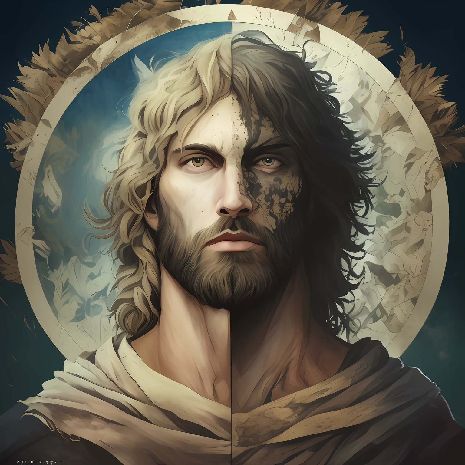 Image of a man with beard and cross on his head, simetria!! Retrato de Hades, fantasy rpg symmetrical portrait, official illustration, arte oficial, Grande arte digital com detalhes, Directed by: Adam Marczyński, simetria!! Retrato de Ciborgue, Directed by: Emiliano Di Cavalcanti, fanart detalhado, Arte digital escura, mas detalhada