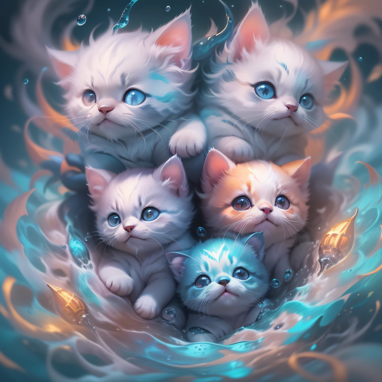 splash art, Liquid cute kitten puppies made of color,Splash style of colorful paint, hyperdetailed intricately detailed, fantastical, intriciate detail, splash screen, Fantasy, Concept Art, in 8k resolution, DeviantArt masterpiece, moonlit glow