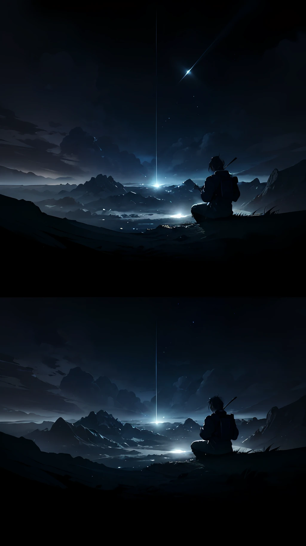 Expansive landscape photograph,(Above is the sky,Below are open fields),A warrior sits by a tree and looks up,(moon full:1.2),(meteors:0.9),Far Mountain, Tree BREAK making art,(Warm light source:1.2),(glowworm:1.2),lamp lights,Lots of black and white,Complicated details,Volumetric lighting BREAK(tmasterpiece:1.2),(best qualtiy),4K,ultra - detailed,(dynamic compositions:1.4),detail-rich,plethora of colors,(Irridescent color:1.2),(with light glowing,Atmospheric lighting),(独奏:1.2)It highlights the atmosphere of solitude and slaughter --auto