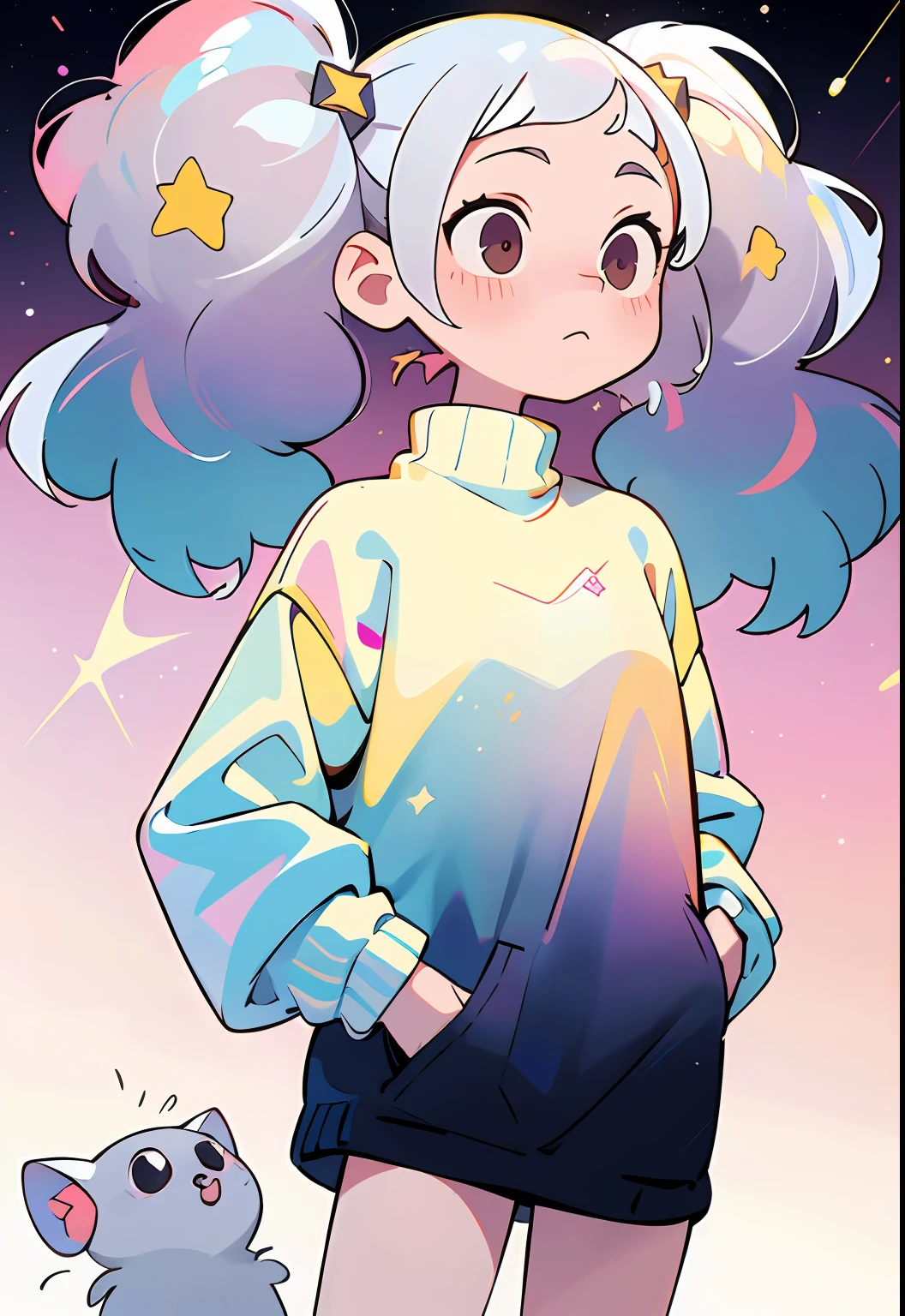 (Masterpiece, Exquisite, With rich detail and highest image quality) Solo, 1girll, Pet cats,Color gradient hair, Platinum hair, Pale pink gradient platinum hair, loose sweater, Star sweater, Pale yellow sweater, pigtails, Curls, Minimalist background, Starry sky, Laser shine star