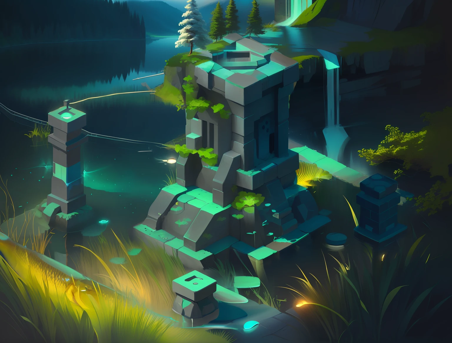 Lake surface，with light glowing，The fish