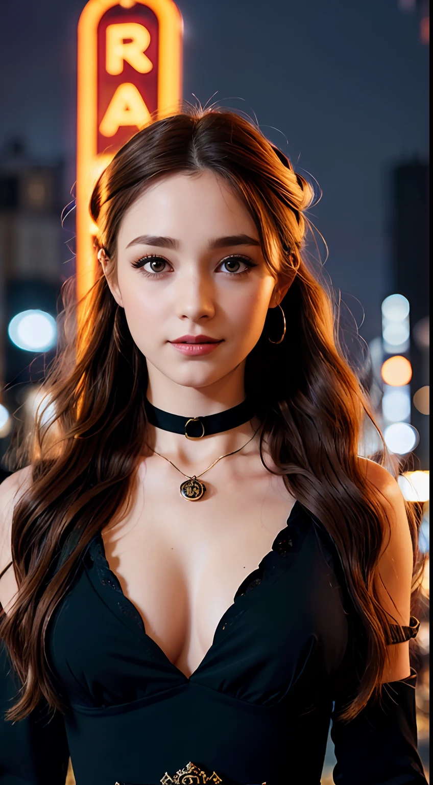 The back of a pale woman with long curly brown hair, Griffindo Witches, freckle, choker necklace (Dark color dress:1.1) (massive breasts:1.2), (holding a wand:1.1) (black eyeshadows), (Evening city neon in the background), (That hand was on her, (character design:greg rutkovsky、ilya kuvshinov and artgerm:0.5), (Naughty smile:1.1), (Focus on the eyes), Key light, (Natural light), Soft focus, Harry Potter photography, (Visible pores:0.3) (highdetailskin:0.9), 4K high quality,
(full body:1.2),