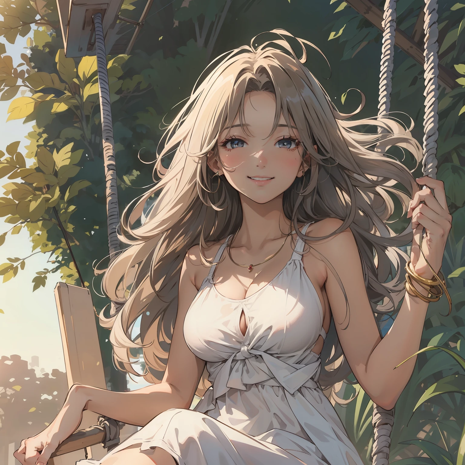 (Best quality), (Masterpiece), (1girl), beautiful girl, perfect face, perfect body, big breast, sexy dress, white dress, sitting on the swing, outdoor, sun light, morning light, messy hair, smile, hand draw, simple line