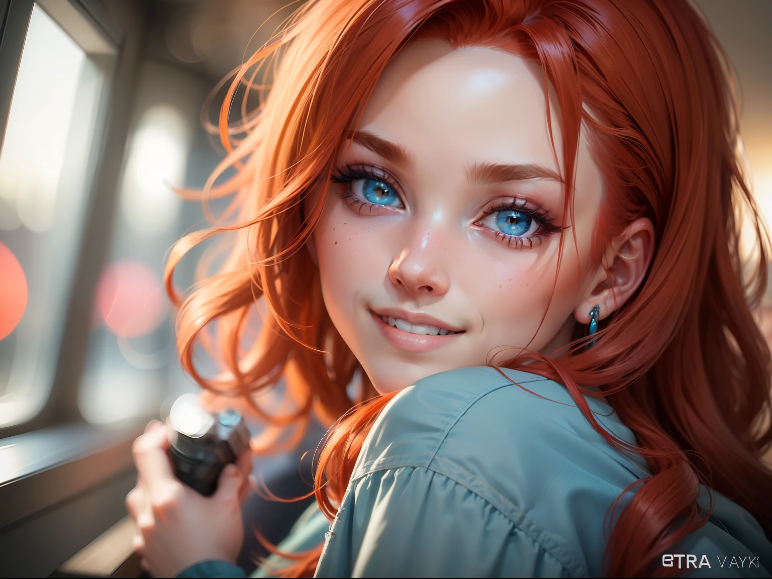 handsome girl, Very close-up, Smiling at the viewer, redhead hair, Cyan eyes, (8k, photo in RAW format, beste-Qualit, tmasterpiece:1.2),Ultra-detailed, (high-detailed skin:1.2), 8K UHD, DSLR camera, soft-lighting, hiquality