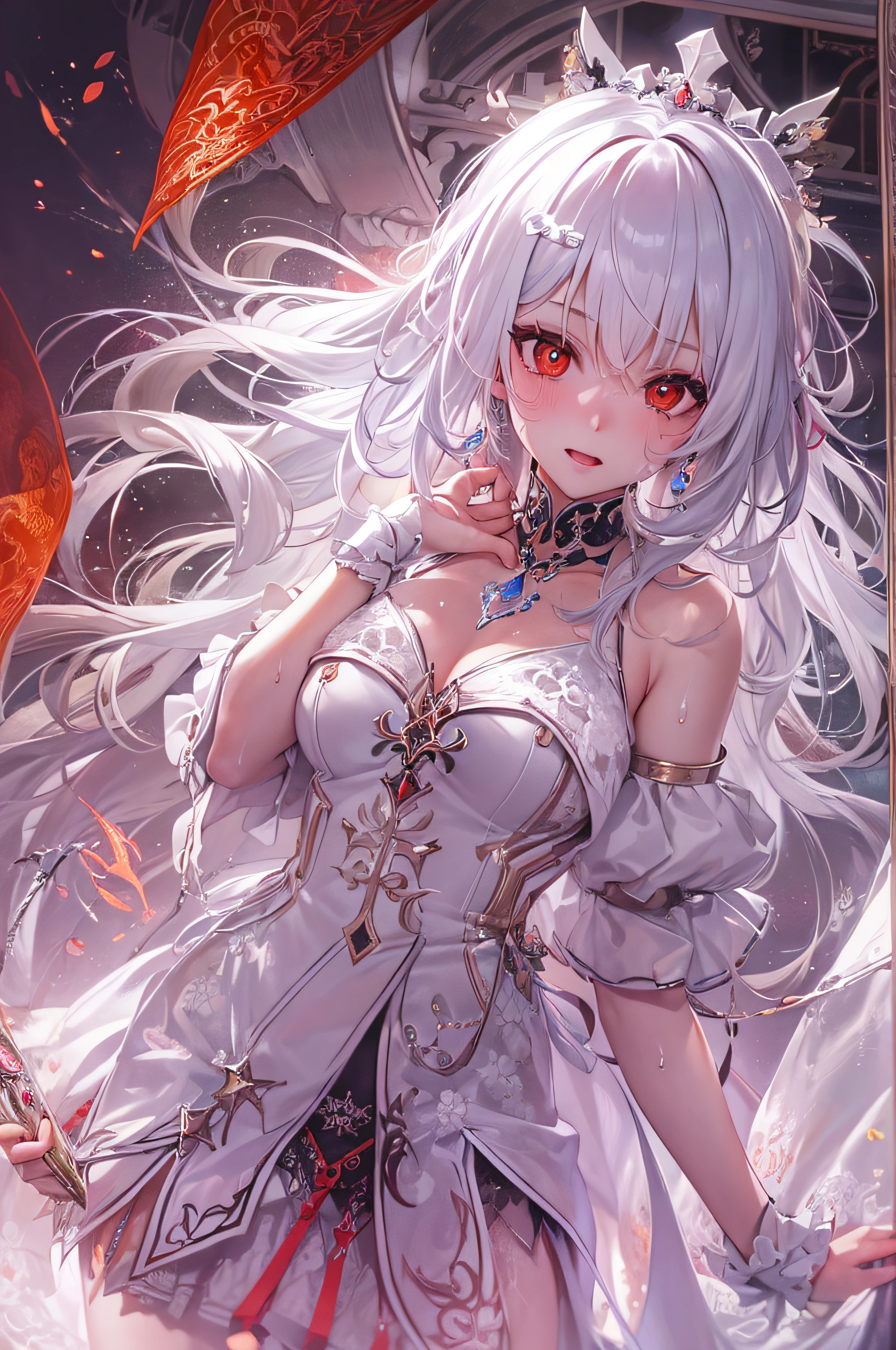 (masterpiece, top quality, best quality, official art, beautiful and aesthetic:1.2), (1girl:1.3), (fractal art:1.3),absurd, masterpiece, best quality, realistic, hyper-detailed, (shiny skin, sweaty:1.4), looking at viewer, slender, 1girl, solo, white sneakers, white miniskirt, straight long hair, princess cut, white hair, red eyes, (thick thighs:0.5), dynamic lighting, high resolution, sharp focus, depth of field, medium breasts, side boob, vampire, masterpiece, best quality, ultra-detailed, illustration, ultra-detailed face, best quality face, evil, 18 years old, adult, 1girl, 18 years old, white hair, alchemy outfit, intricate detailed outfit, sexy pose, glowing red dress, cute, kawaii, digital art, finely detailed eyes, blushing, red cheeks