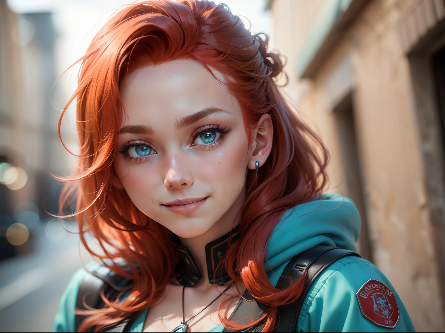 handsome girl, Very close-up, Smiling at the viewer, redhead hair, Cyan eyes, (8k, photo in RAW format, beste-Qualit, tmasterpiece:1.2),Ultra-detailed, (high-detailed skin:1.2), 8K UHD, DSLR camera, soft-lighting, hiquality