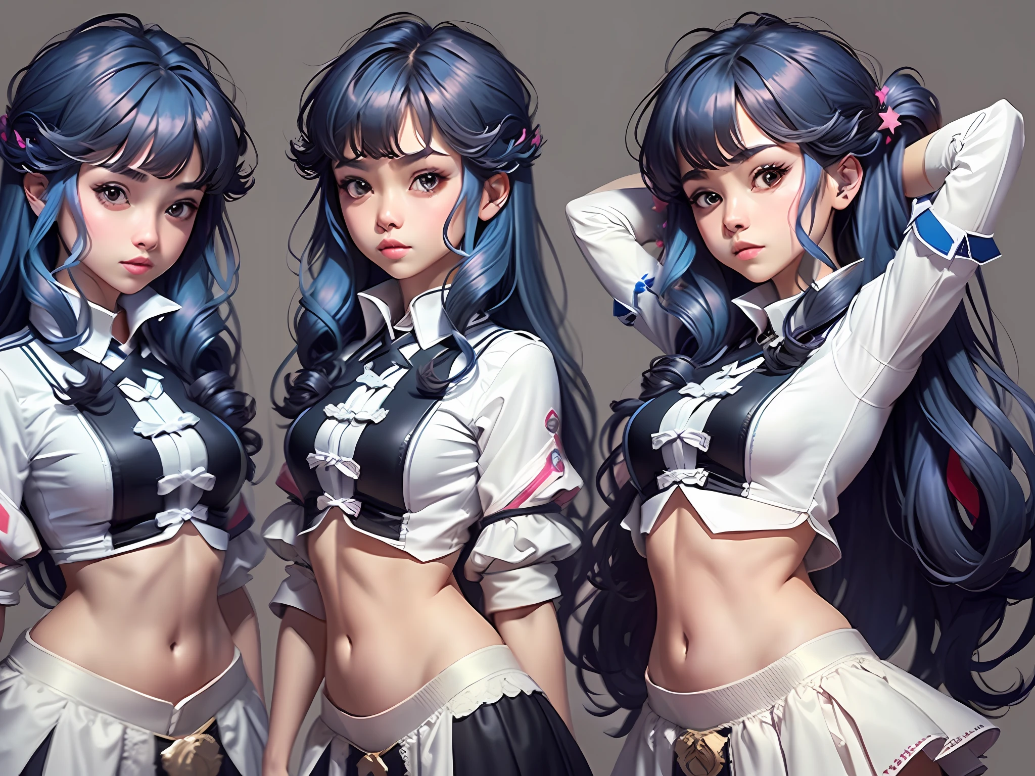 ((masterpiece)),(((best quality))),(character design sheet, same character, front, side, back), illustration, 1 girl, hair color, bangs, hairstyle fax, eyes, environment change scene, Hairstyle Fax, Pose Zitai, Female, Shirt Shangyi, Star, Charturnbetalora, (simple background, white background: 1.3), --6