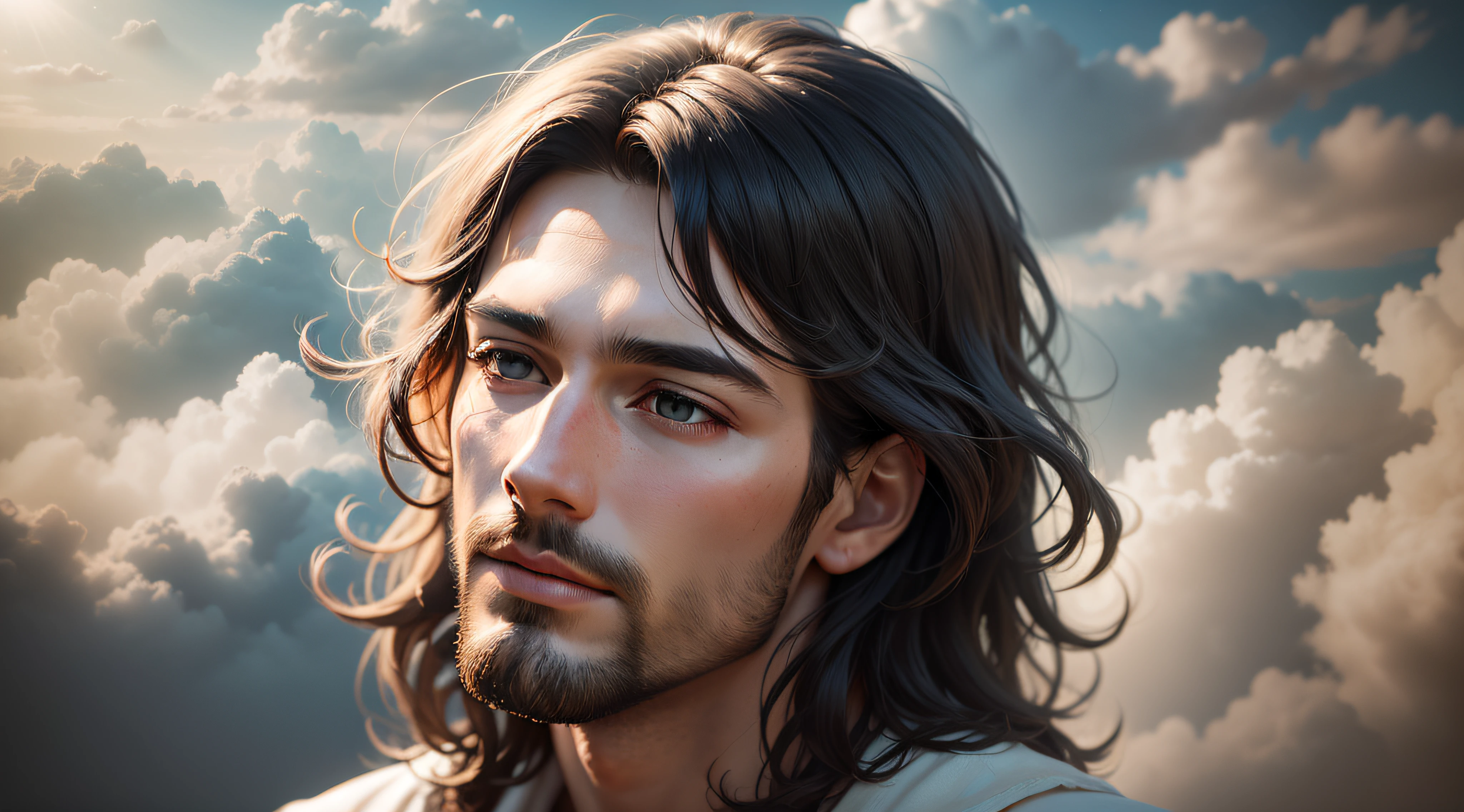 Jesus floating in the air on top of clouds with a light shining brightly on his face (ultra realistic, ultra quality)