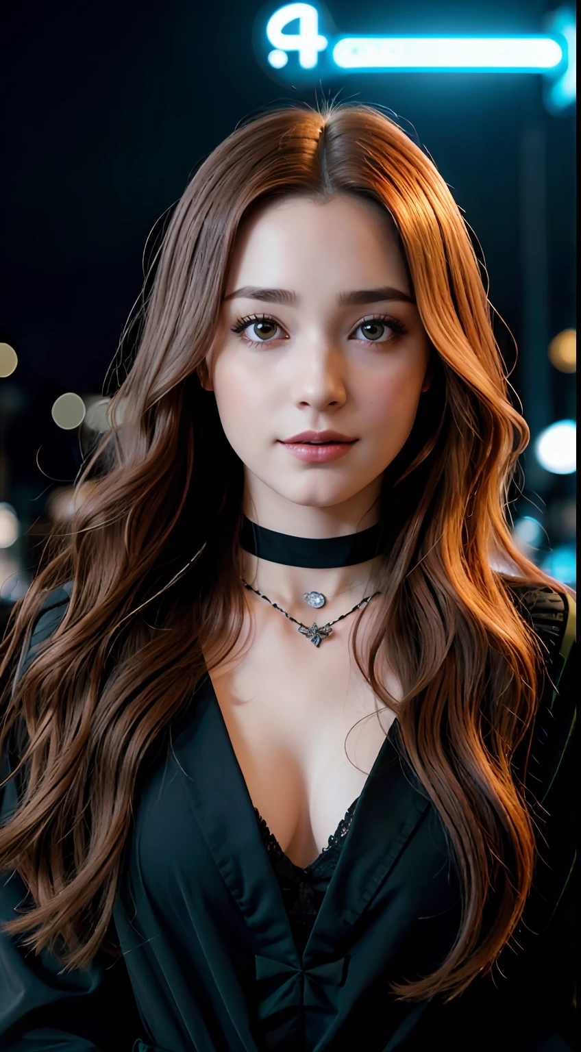 The back of a pale woman with long curly brown hair, Griffindo Witches, freckle, choker necklace (Hogwarts robes:1.1) (massive breasts:1.2), (holding a wand:1.1) (black eyeshadows), (Evening city neon lights in the background), (That hand was on her, (character design:greg rutkovsky、ilya kuvshinov and artgerm:0.5), (Naughty smile:1.1), (Focus on the eyes), Key light, (Natural light), Soft focus, Harry Potter photography, (Visible pores:0.3) (highdetailskin:0.9), 4K high quality,
(full body:1.2),
