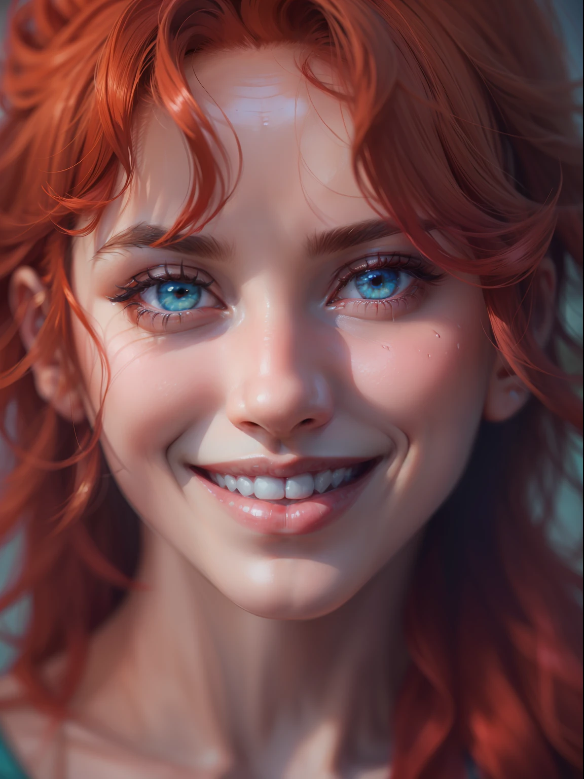handsome girl, Very close-up, Smiling at the viewer, redhead hair, Cyan eyes, (8k, photo in RAW format, beste-Qualit, tmasterpiece:1.2),Ultra-detailed, (high-detailed skin:1.2), 8K UHD, DSLR camera, soft-lighting, hiquality