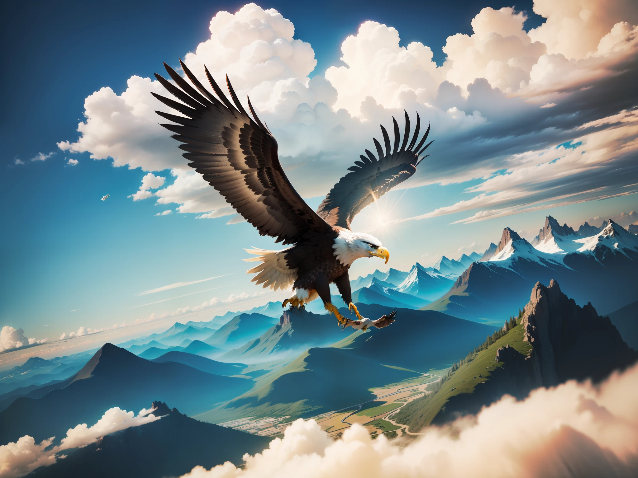 Eagle flying high in the blue sky with clouds, sun, and mountains in the background