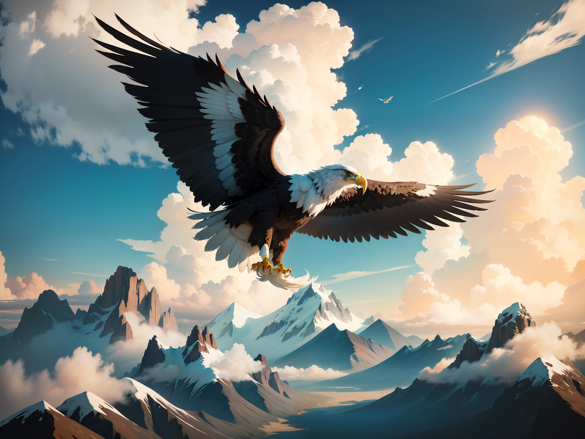 Eagle flying high in the blue sky with clouds, sun, and mountains in the background