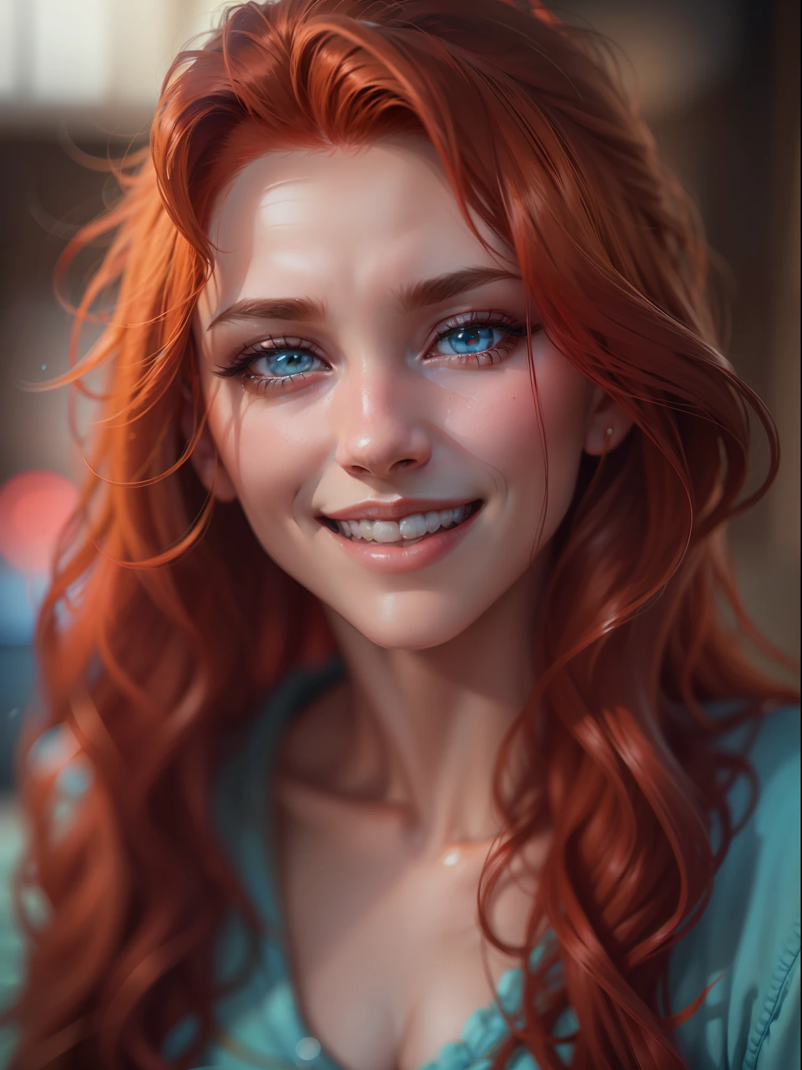 handsome girl, Very close-up, Smiling at the viewer, redhead hair, Cyan eyes, (8k, photo in RAW format, beste-Qualit, tmasterpiece:1.2),Ultra-detailed, (high-detailed skin:1.2), 8K UHD, DSLR camera, soft-lighting, hiquality