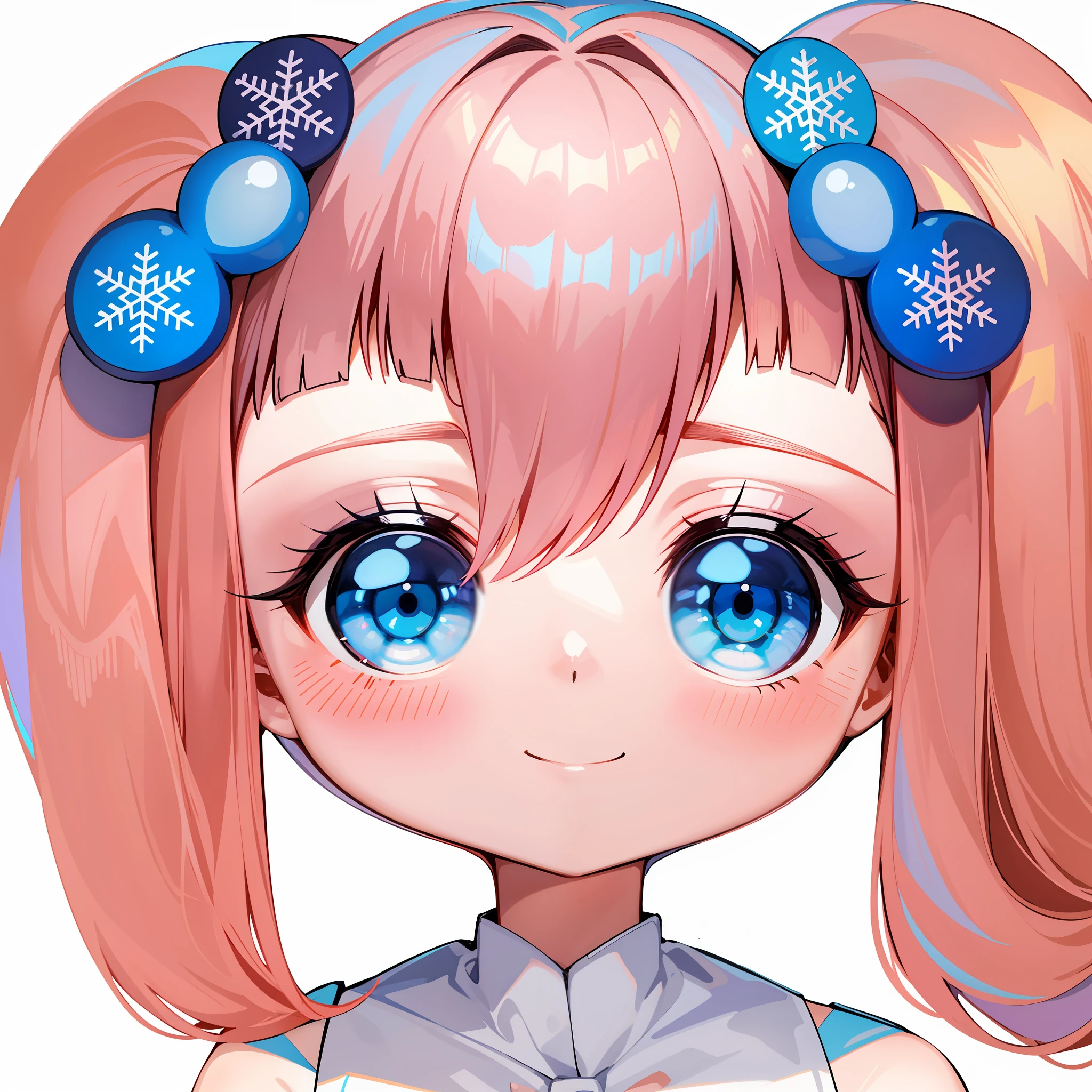 Anime girl with pink hair and light blue eyes wearing a bow on her head, ssmile,light blue clothes