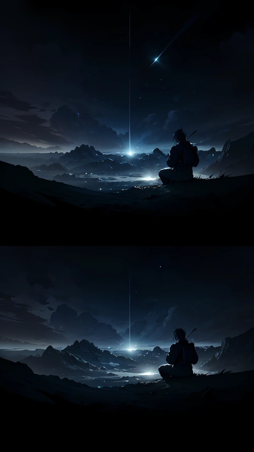 Expansive landscape photograph，（Above is the sky，Below are open fields），A warrior sits by a tree and looks up，（moon full：1.2），（meteors：0.9），Far Mountain, Tree BREAK making art，（Warm light source：1.2），（glowworm：1.2），lamp lights，Lots of black and white，Complicated details，Volumetric lighting BREAK（tmasterpiece：1.2），（best qualtiy），4K，ultra - detailed，（dynamic compositions：1.4），detail-rich，plethora of colors，（Irridescent color：1.2），（with light glowing，Atmospheric lighting），（独奏：1.2）It highlights the atmosphere of solitude and slaughter --auto
