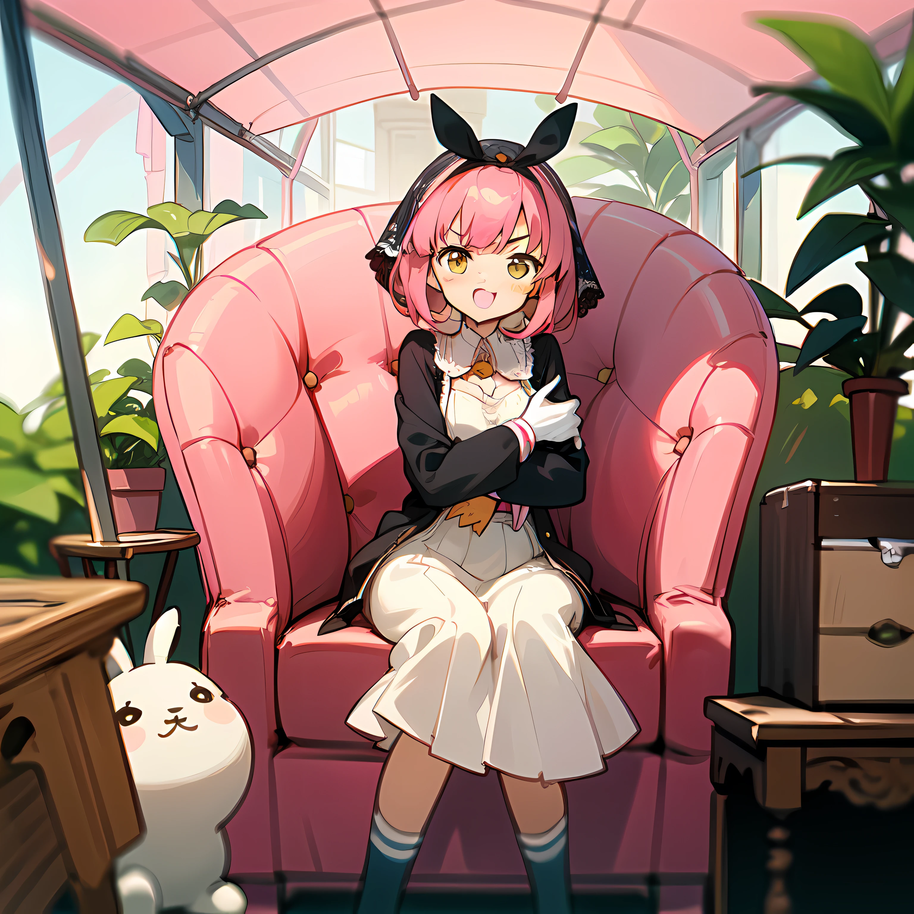 (:D:1.2),One girl. (masutepiece, of the highest quality, Kyoto Animation Style Illustration, of the highest quality, Official art, aesthetics, Beautiful details, :1. 2), BREAK, (17 years old girl), Very detailed, colourfull, highest details, BREAK, (medium breasts),(Orange Eyes:1.2),(girl, Cute, Graceful, Loli face,Pink hair,a short bob,tareme, gleaming skin, Hugging a stuffed rabbit, Playboy Bunny,(White Dress, long lace white gloves, Black cardigan:1.1), High socks with pink and yellow stripes,Pink Bunny Years Hair Band,BREAK,Serious face,(in the messy room:1.3),(cute interior:1.5),(Pink Room),window,kawaii room,canopy,frilld,pink chair,(canopy:1.5),(houseplant:1.2),(chesterfield chair:1.5),