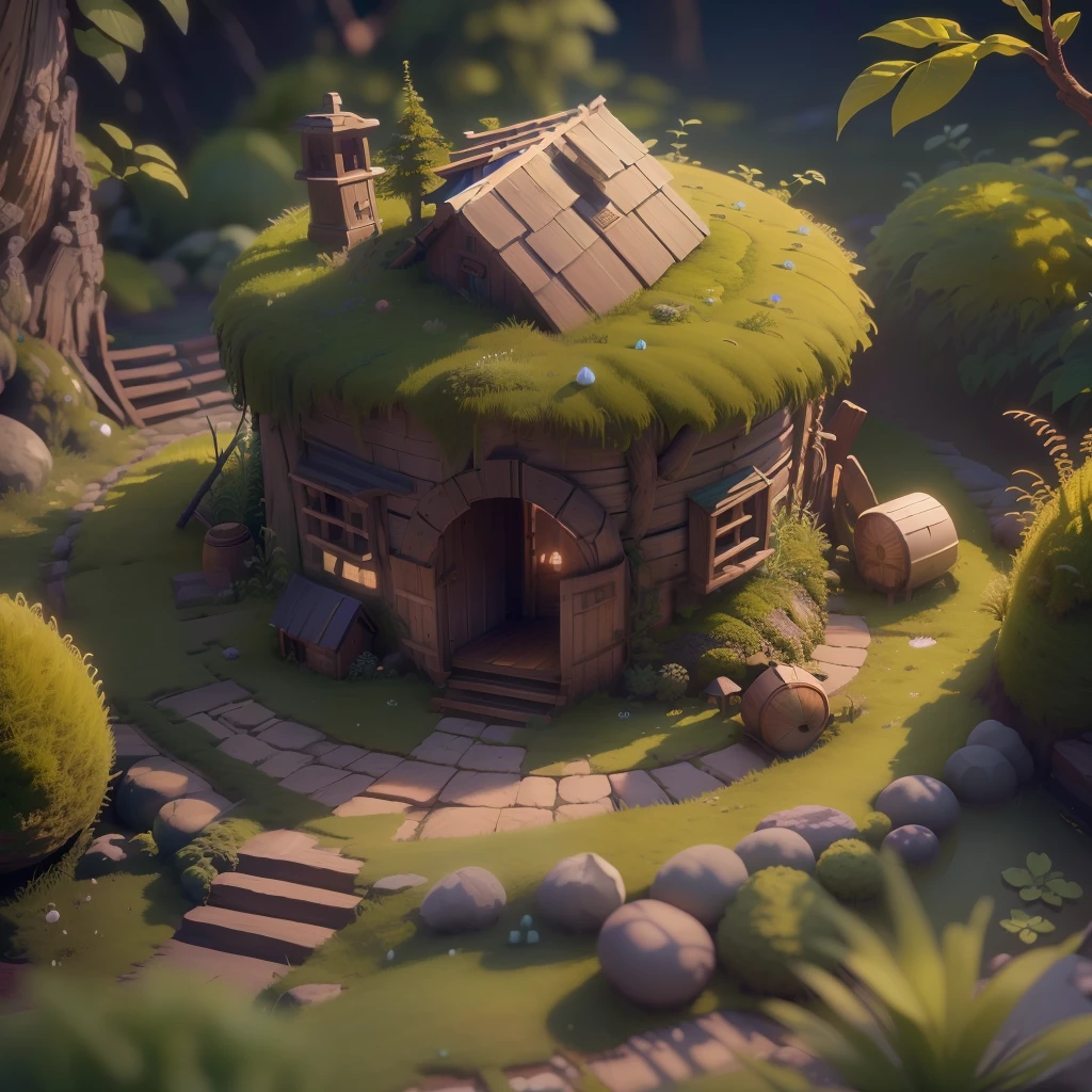 Masterpiece, Best quality, (Extremely detailed Cg Unity 8K wallpaper), (Best quality), (Best Illustration), (Best shadow), A round turnip hut covered with moss， Isometric 3D, rendering by octane,Ray tracing,Ultra detailed