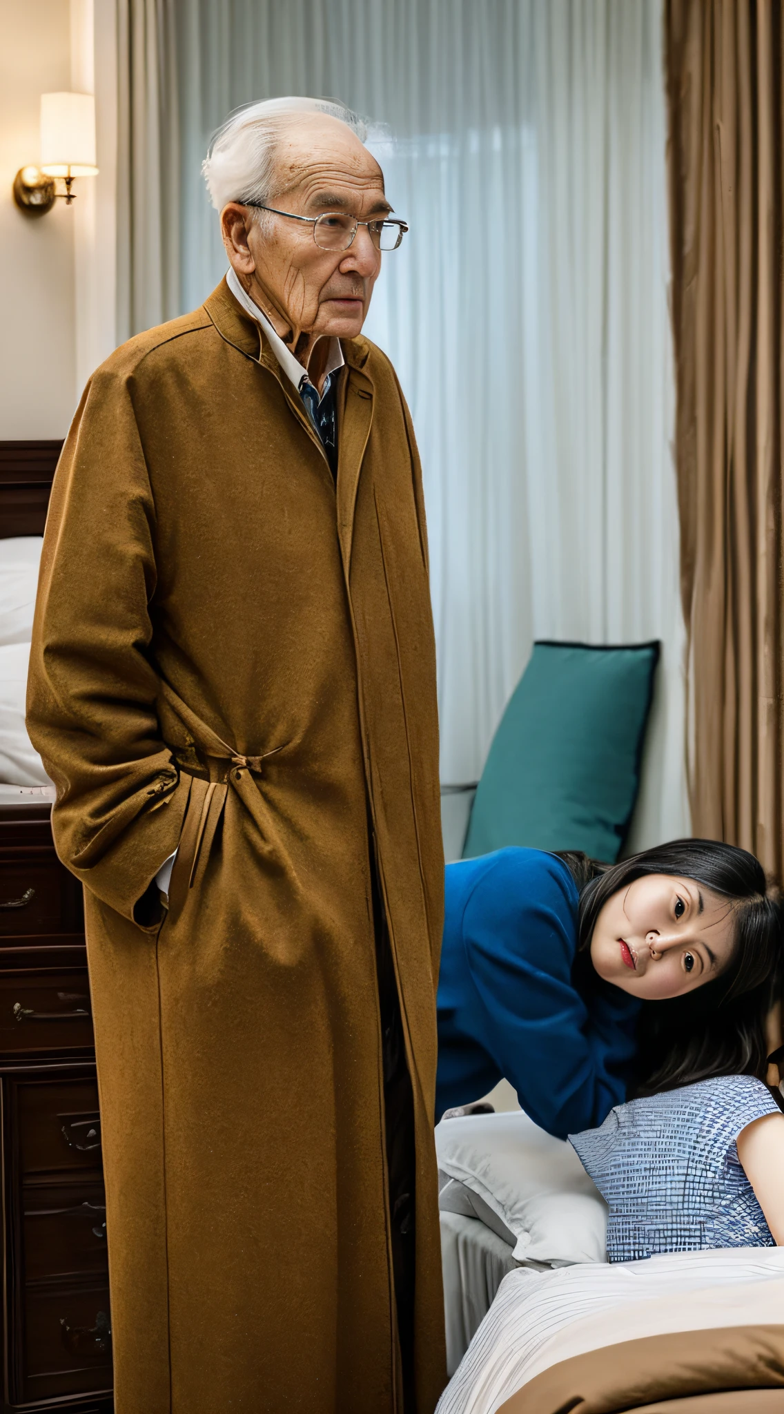 An elderly man with a dark expression（A old man）Gloomy standing beside the woman's bed，The woman covered her swollen red cheeks and woke up。There were only two people in the room。