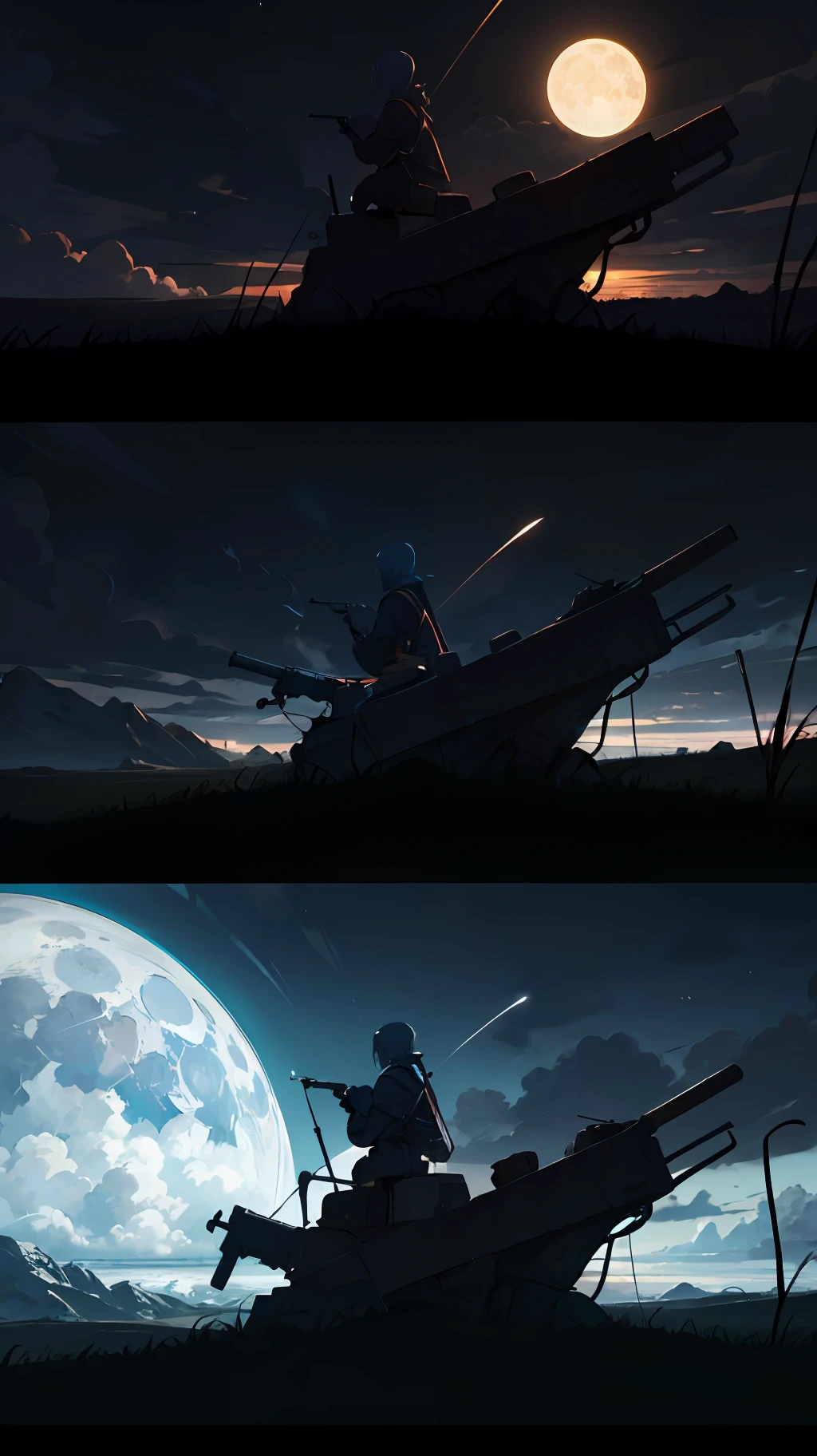 Expansive landscape photograph,(Above is the sky,Below are open fields),A warrior sits by a tree and looks up,(moon full:1.2),(meteors:0.9),Far Mountain, Tree BREAK making art,(Warm light source:1.2),(glowworm:1.2),lamp lights,Lots of black and white,Complicated details,Volumetric lighting BREAK(tmasterpiece:1.2),(best qualtiy),4K,ultra - detailed,(dynamic compositions:1.4),detail-rich,plethora of colors,(Irridescent color:1.2),(with light glowing,Atmospheric lighting),(独奏:1.2)It highlights the atmosphere of solitude and slaughter --auto