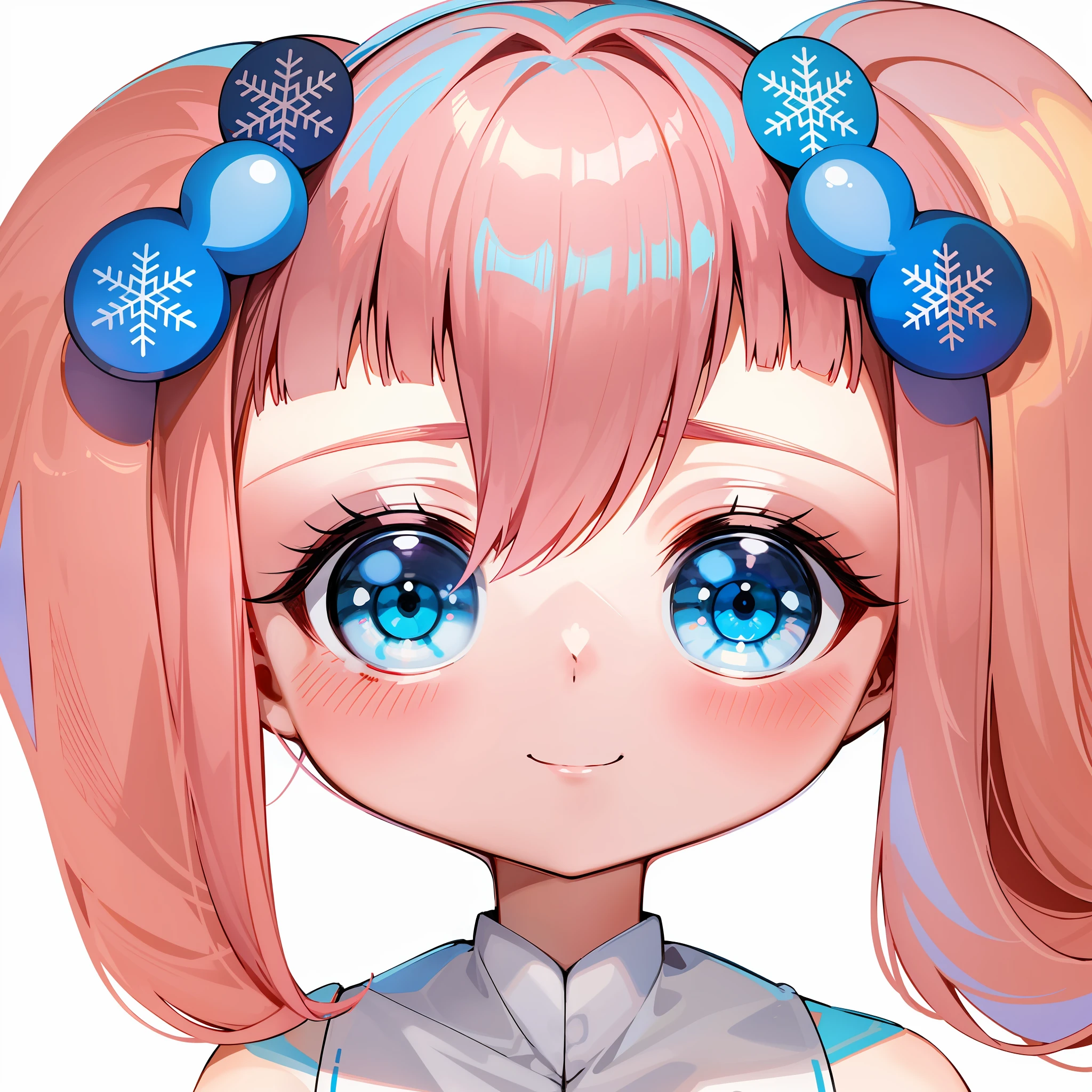 Anime girl with pink hair and light blue eyes wearing a bow on her head, ssmile,light blue clothes