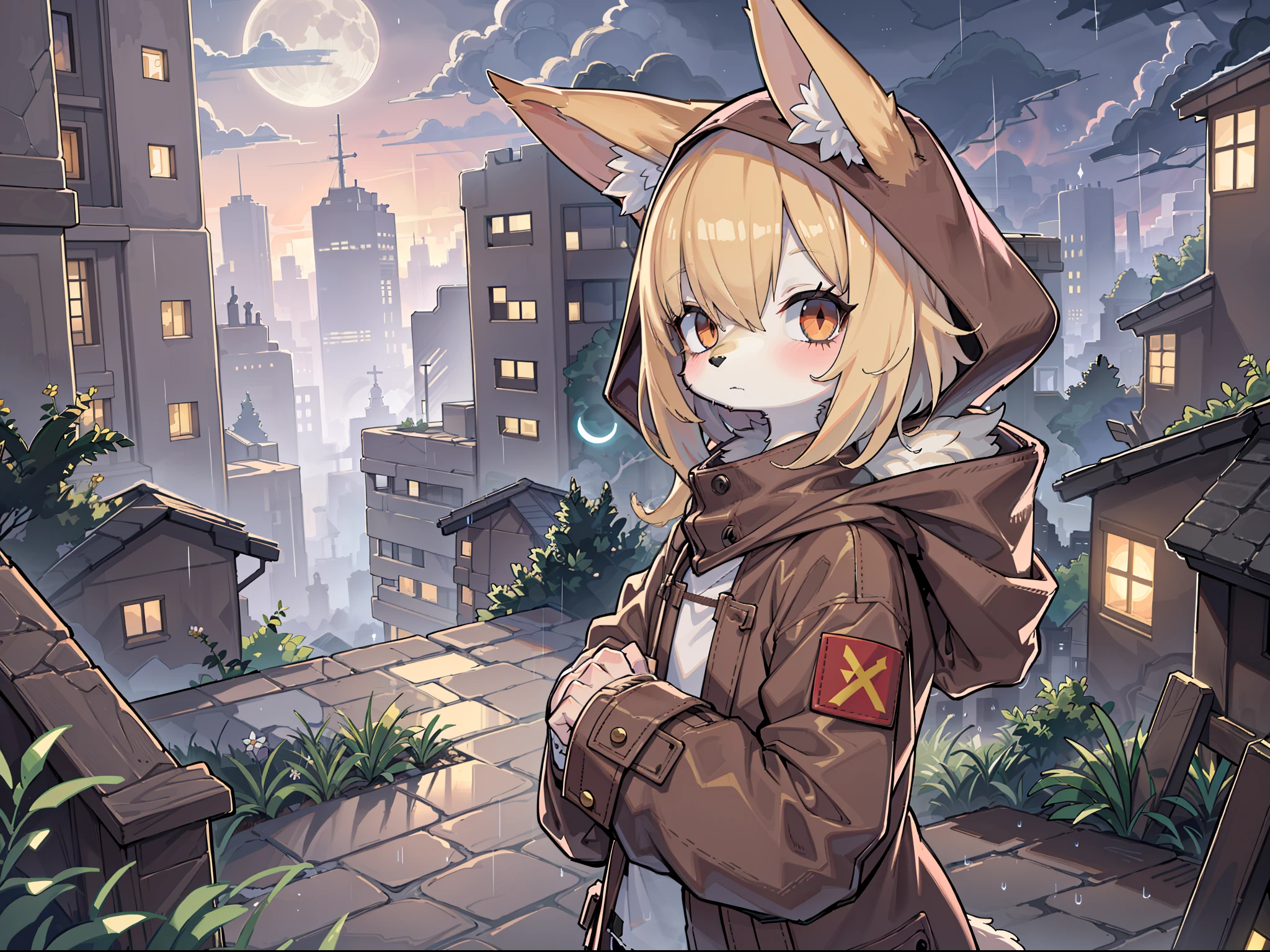 Shota the fox,hairy pubic,shaggy,Skin fur,Golden fur,Golden yellow face fur,Short straight blonde hair,Eyes have light,Red eyes,Brown elements on fur,Brown coat brown hood up,Star pattern white top,brown shorts,Beautiful lights and shadows,Ambient light,Ultra-fine fur,volumettic light,natural lightting,Fluffy tail,Dilapidated building,Plant elements in ruins,lichen,There is no other life,Night,starrysky,Vast landscape,crossed bangs, Hairline, Shiny hair, lone nape hair, ,Dilated pupils,Sleepy,(moon full:1.2),(meteors:0.9),(Starcloud:1.3)(Warm light source:1.2),Rained,wetclothes, (overcast sky, Standing downpour:1.1), Extra-long sleeves, Purple and orange,Complicated details,Volumetriclighting,Realist breakthrough(tmasterpiece:1.2)(best qualtiy),4K,Ultra-delicate,(Dynamic configuration:1.4),Highly detailed and colorful details,(Irridescent color :1.2),(luminouslighting,Atmospheric lighting),dream magical,magic,(独奏:1.2)Glowing light,Empty eyes
