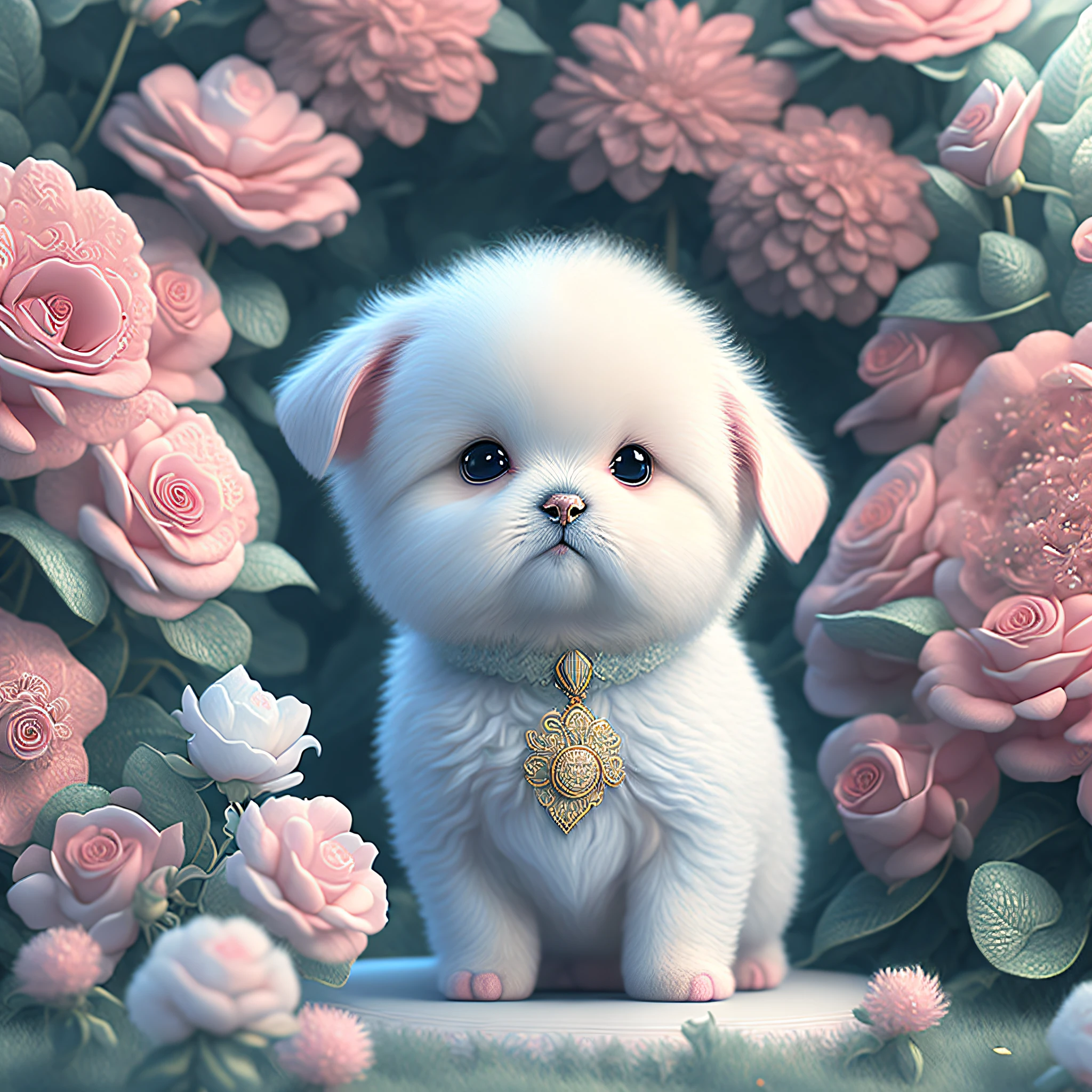 In this ultra-detailed CG art, the adorable puppy surrounded by ethereal roses, best quality, high resolution, intricate details, fantasy, cute animals