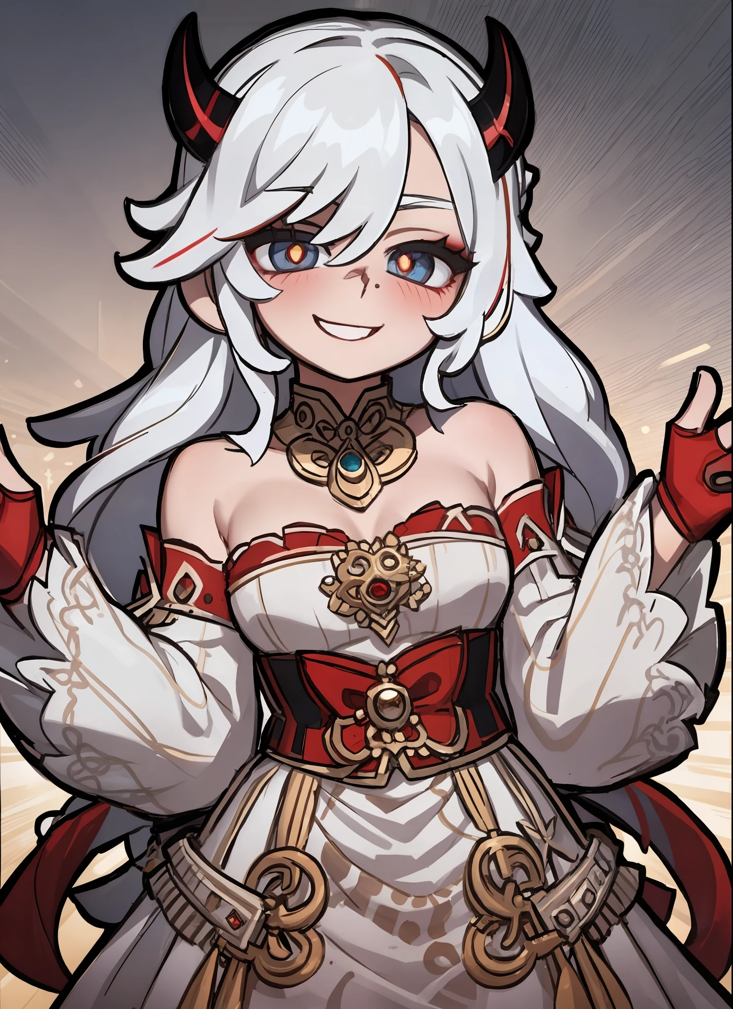 chibi, white hair, red pupils, love in eyes, jewelry, blushing, cute, smug, smile, rolling eyes, golden jewelry, dress, horn, long sleeves, trident