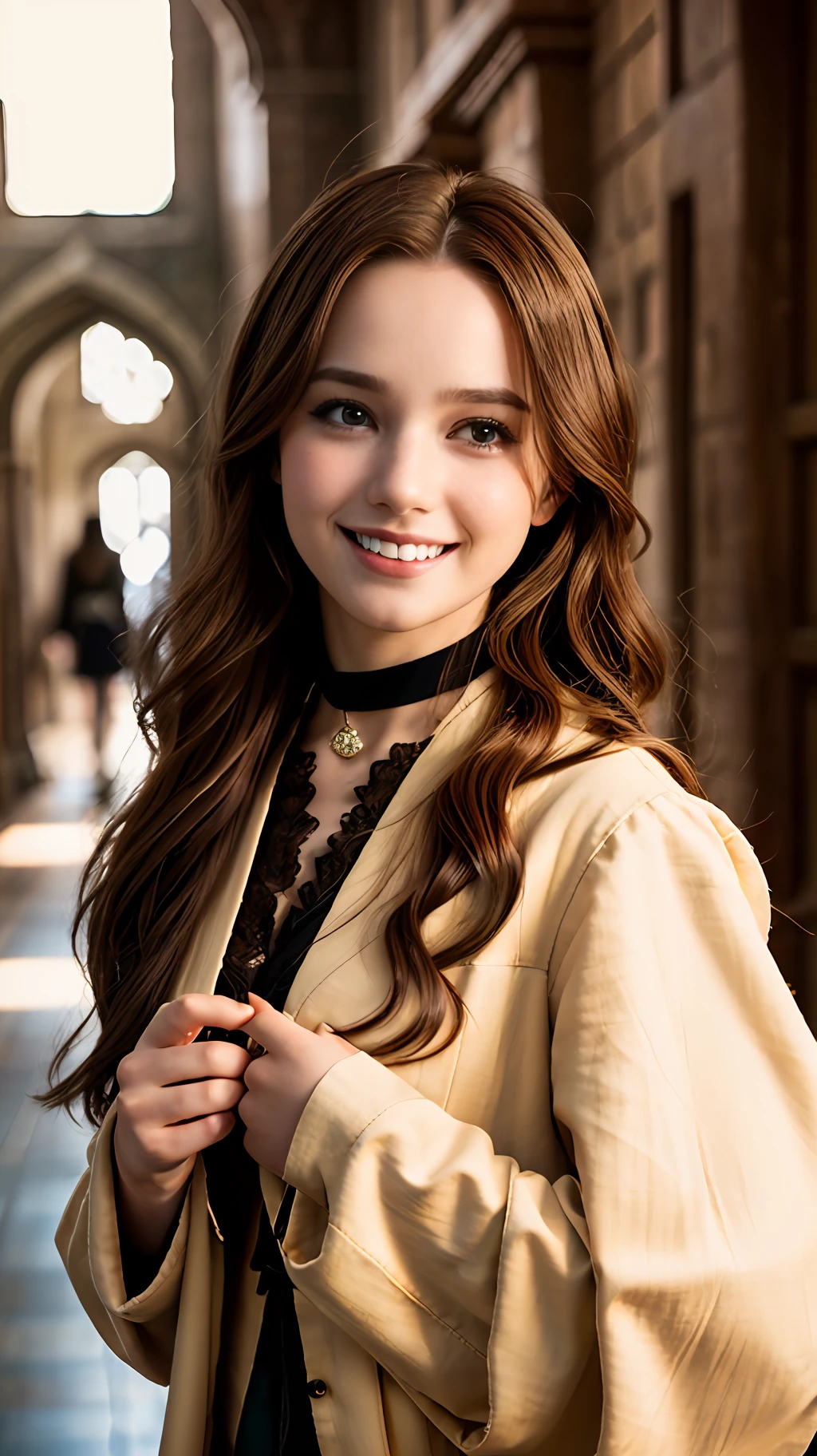 Back photo of pale woman with long brown curly hair, Griffindo Witches, freckle, choker necklace (Hogwarts robes:1.1) (massive breasts:1.2), (holding a wand:1.1) (black eyeshadows), (Bokeh in the Hogwarts corridor in the background), (The hand was on her, (character  design：Greg Rutkowsky、Ilya Kuvshinov and Artgerm:0.5), (Naughty smile:1.1), (Focus on the eyes), Key light, (Natural light), Soft focus, Harry Potter cinematography, (Visible pores:0.3) (highdetailskin:0.9), 4K high quality,
(full body:1.2),