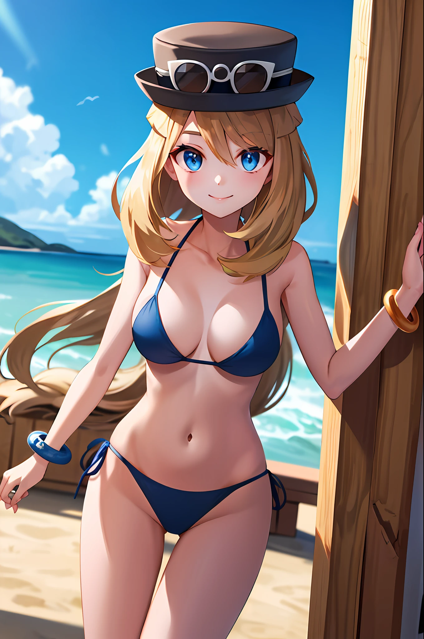 ​masterpiece, top-quality, hight resolution, blue eyess, Serena\(A pokémon\), 1girl in, 独奏, thighs thighs thighs thighs, length hair, Hats, jewely, A bracelet,The bikini, Eye lashes, Hat Eyewear, The upper part of the body, deph of field, A smile, a closed mouth,