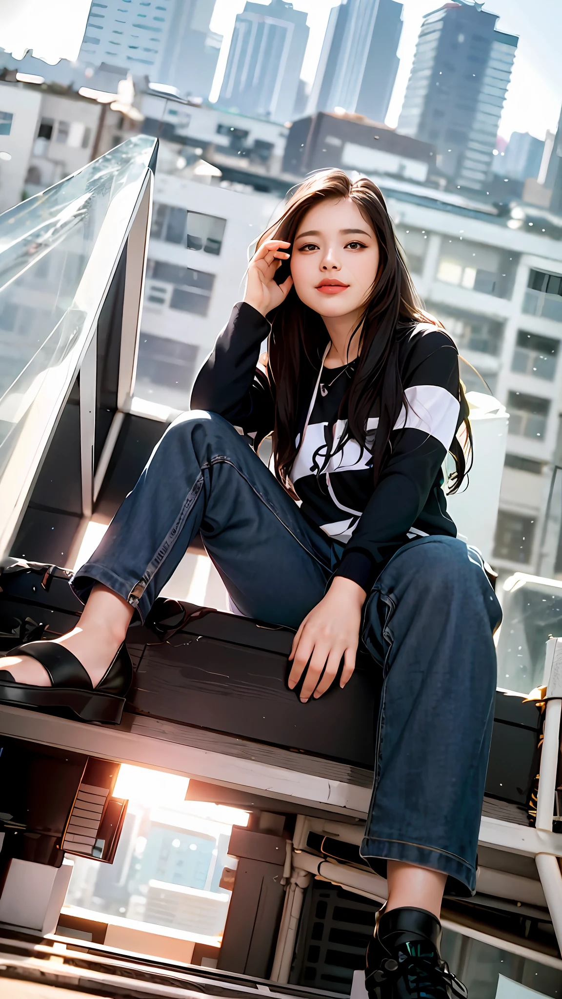 araffe girl sitting on a ledge talking on a cell phone, casual pose, candid picture, candid photo, with lovely look, full body photogenic shot, casual photography, with a cool pose, taken with the best dlsr camera, on rooftop, with long hair, sits on a rooftop, satisfied pose, very very low quality picture, sitting on the ground