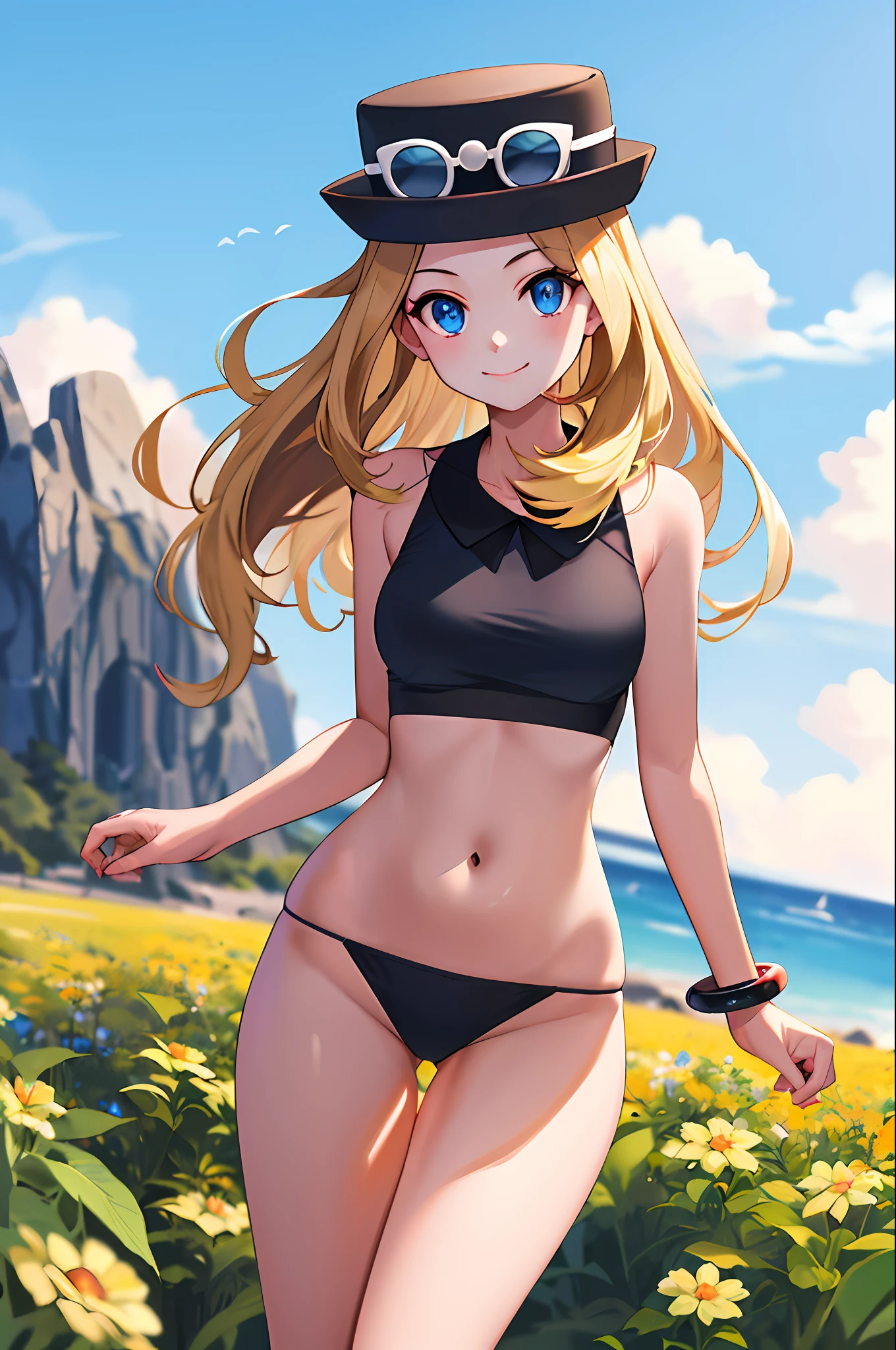 ​masterpiece, top-quality, hight resolution, blue eyess, Serena\(A pokémon\), 1girl in, 独奏, thighs thighs thighs thighs, length hair, Hats, jewely, A bracelet,The bikini, Eye lashes, Hat Eyewear, The upper part of the body, deph of field, A smile, a closed mouth,