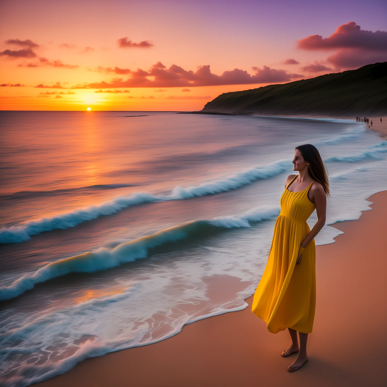 Arad woman in yellow dress standing on the beach at sunset, standing on the beach at sunset, beautiful yellow woman, beautiful girl on the horizon, lady using yellow dress, at a beautiful sunset, on the beach during sunset, Wearing a yellow dress, On the beach at sunset, girl watching sunset, bathed in a golden glow