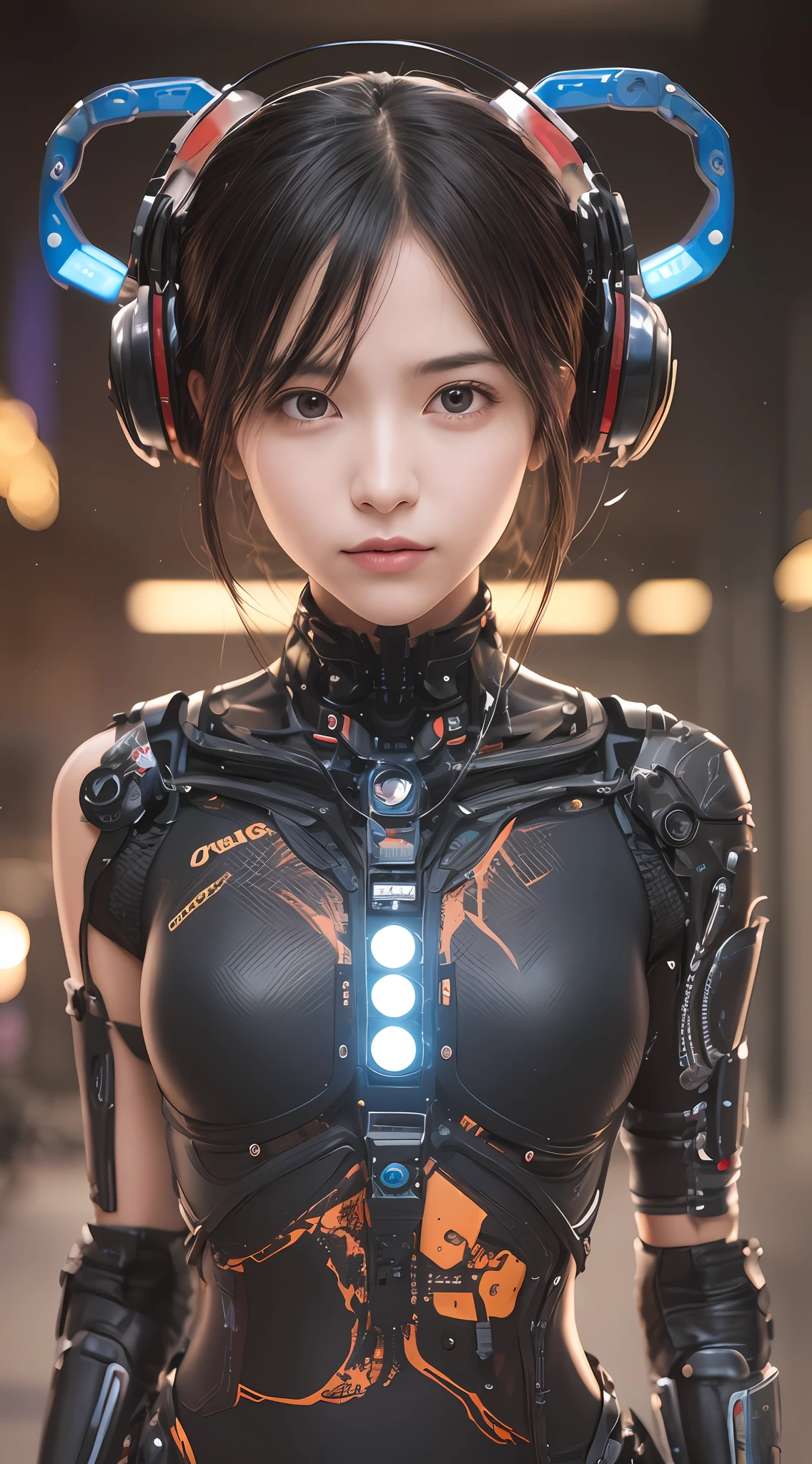 (Masterpiece, Best Quality, Beautiful Girl, Pretty Face:1.2), Solo, 8K,Raw Photo, Incredible Absurdity, Crop Top, View Viewer, Teen, Face Light, Film Grain, Chromatic Aberration, Sharp Focus, Dynamic Lighting, Movie Lighting, Best Quality, Masterpiece, Ultra High Definition, (Photorealistic: 1.4), Raw Photo, 1 Girl, Black Hair, Glossy Skin, 1 Mechanical Girl, ((Ultra-realistic detail)), portrait, global illumination, shadows, octane rendering, 8K, ultra-sharp, shiny skin, realistic skin, big, cleavage exposed raw skin, metal, intricate ornament details, Evangelion details, very intricate details, realistic light, CGSoation trend, purple eyes, glowing eyes, Facing the camera, neon details, mechanical limbs, blood vessels connected to tubes, mechanical vertebrae attached to the back, mechanical cervical attachment to the neck, sitting, wires and cables connected to the head, electronic board, digital circuits, CPU, lots of small LED lamps, the background is a futuristic server room,