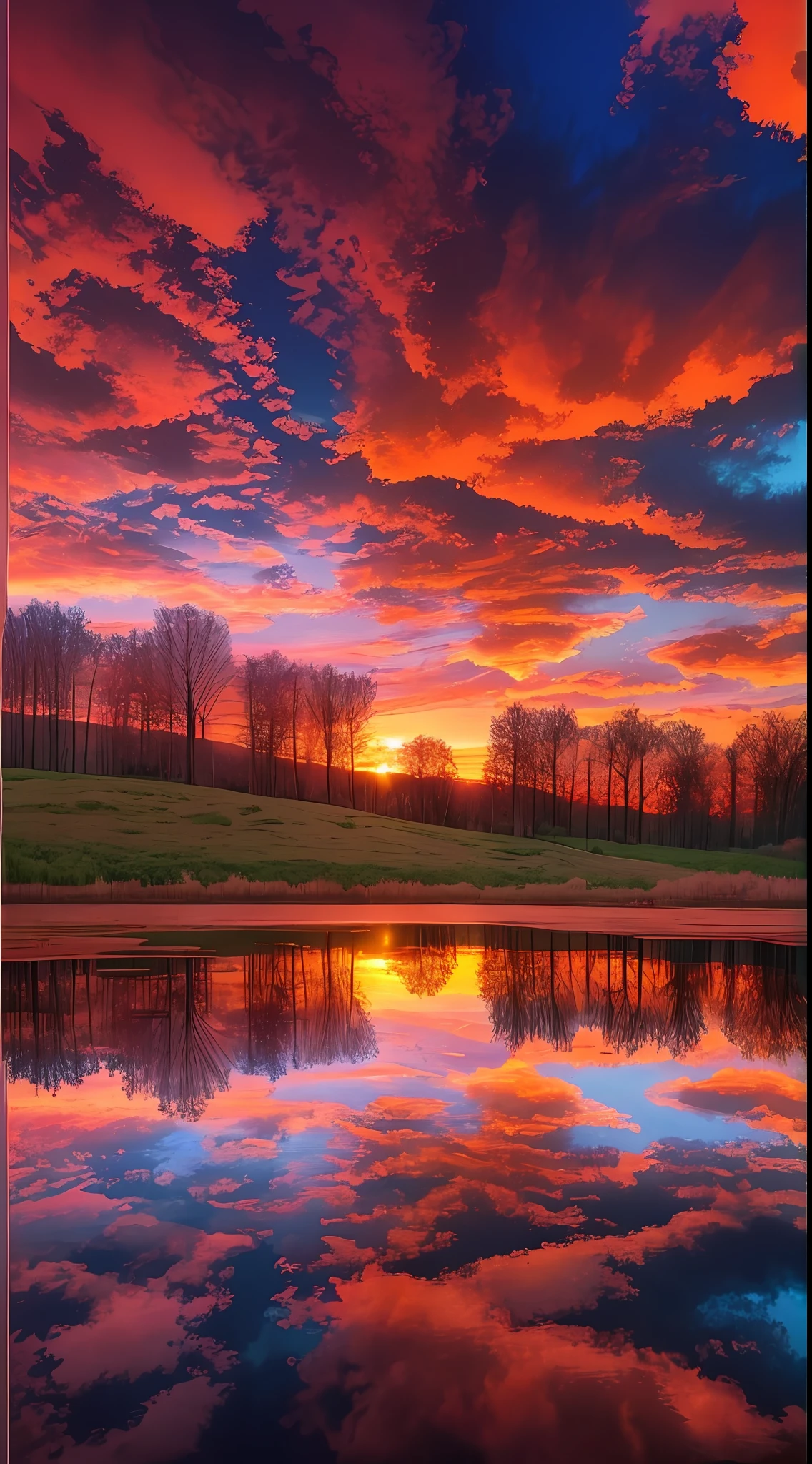 there is a beautiful sunset with a lake and trees in the background, colorful skies, surreal colors, colorful sunset, colorful sky, marvellous reflection of the sky, stunning sky, dream like atmosphere 8k, colorful clouds, colors reflecting on lake, surreal sky, red and blue reflections, fire reflection, beautiful sky, beautiful and spectacular dusk, beautiful dreamy landscape, amazing sky