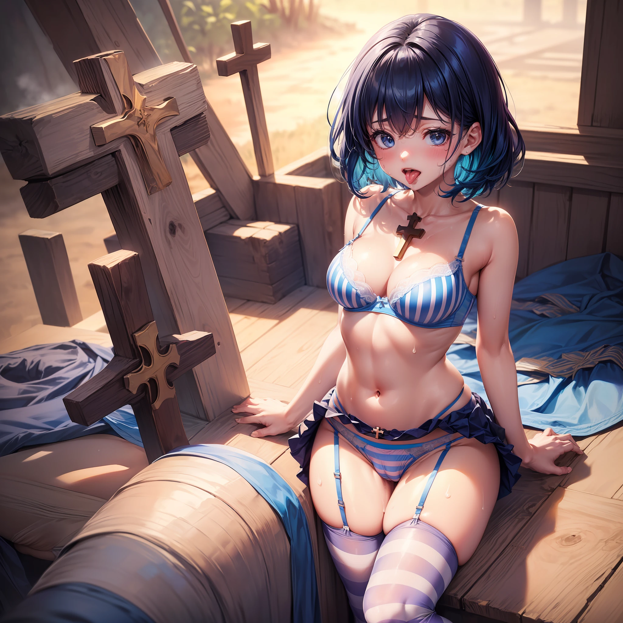 large breasts, pointy breasts, small, tongue out, tube top, frilled skirt, kneehighs, ((gleen striped bra, sheer,))((Blue striped panties, sheer , ))((skirt lift,)) bare breasts, (((cameltoe,))) (((sweat, )))steam, Blue hair, very short hair, (((spread,)))(((Aligning the eyeballs towards the center,)))(((cross-eyed,)))((Solo,))