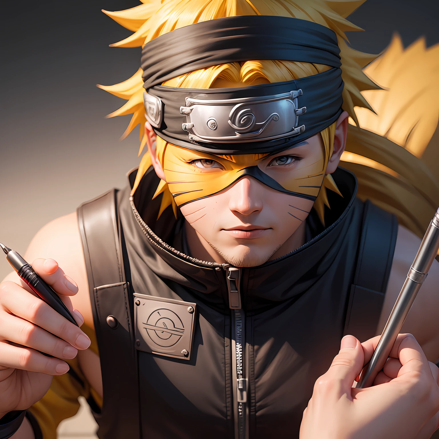 Make an ultra realistic drawing of the naruto with the open head and a neon brain