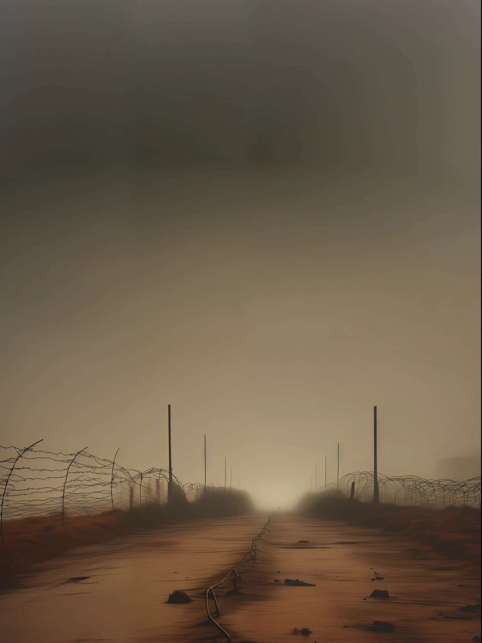 Horror, barricades made of boards and barbed wire, Post-apocalypse, monsters in the style of Silent Hill, High- sharpness, Overcast, Heavy fog, Rust