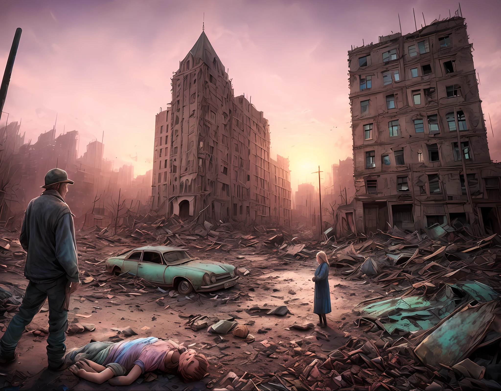 End of the world, epic realistic, (hdr:1.2), (pastel colour:1.4),(Broken rusty car:0.6), (car wrecks:0.3) Apocalypse, freezing, Abandoned, com cores neutras, Night, Screen space refraction, (Intricate details), (Intricate details, ultra - detailed:1.2), art  stations, cinema shot, Vignette, the complex background, Buildings，The tall man stood in front of the woman lying on the ground