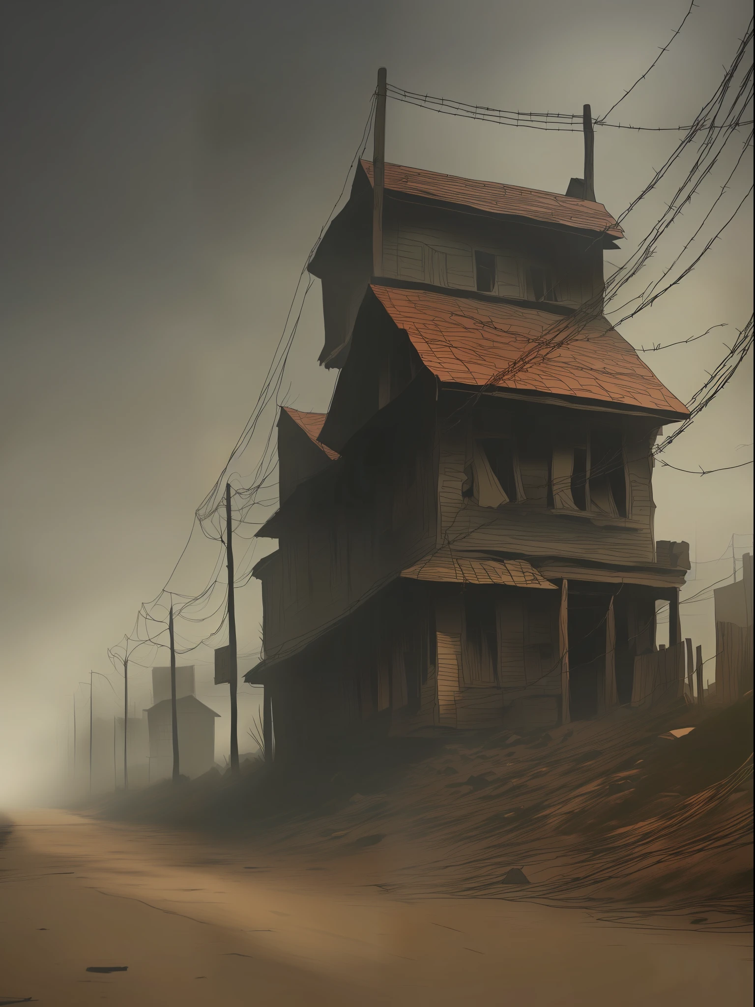 Horror, barricades made of boards and barbed wire, Post-apocalypse, monsters in the style of Silent Hill, High- sharpness, Overcast, Heavy fog, Rust