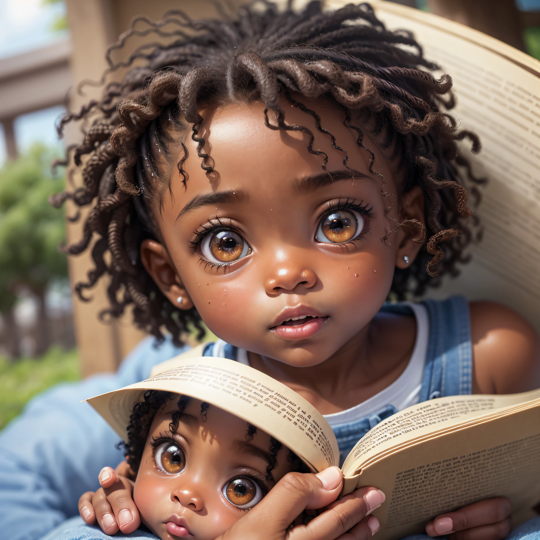Realistic image, (((corpo inteiro))), of cute African-American baby, (collant ballet), ((cor da pele marrom muito escuro)), olhos grandes, cabelo estilo cacheado, dark lighting background, close-up,amusement park, segurando livro, feliz, feliz, qualidade perfeita, foco claro (desordem - casa: 0.8), (obra-prima: 1.2) (Realista: 1.2) (Bokeh) (Melhor qualidade) (Pele detalhada: 1.3) (Detalhes intrincados) (8K) (Olhos de detalhe) (foco nítido), (Feliz)