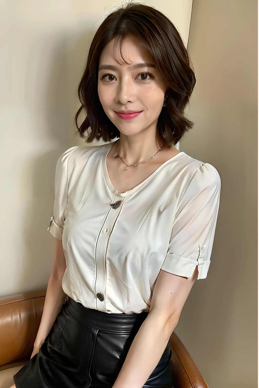 Short fringe hair、1girl in、The sheen、Leather blouse、Leather、tight skirts、(top-quality:1.4)、(超A high resolution:1.2)、(A detailed eye)､a room