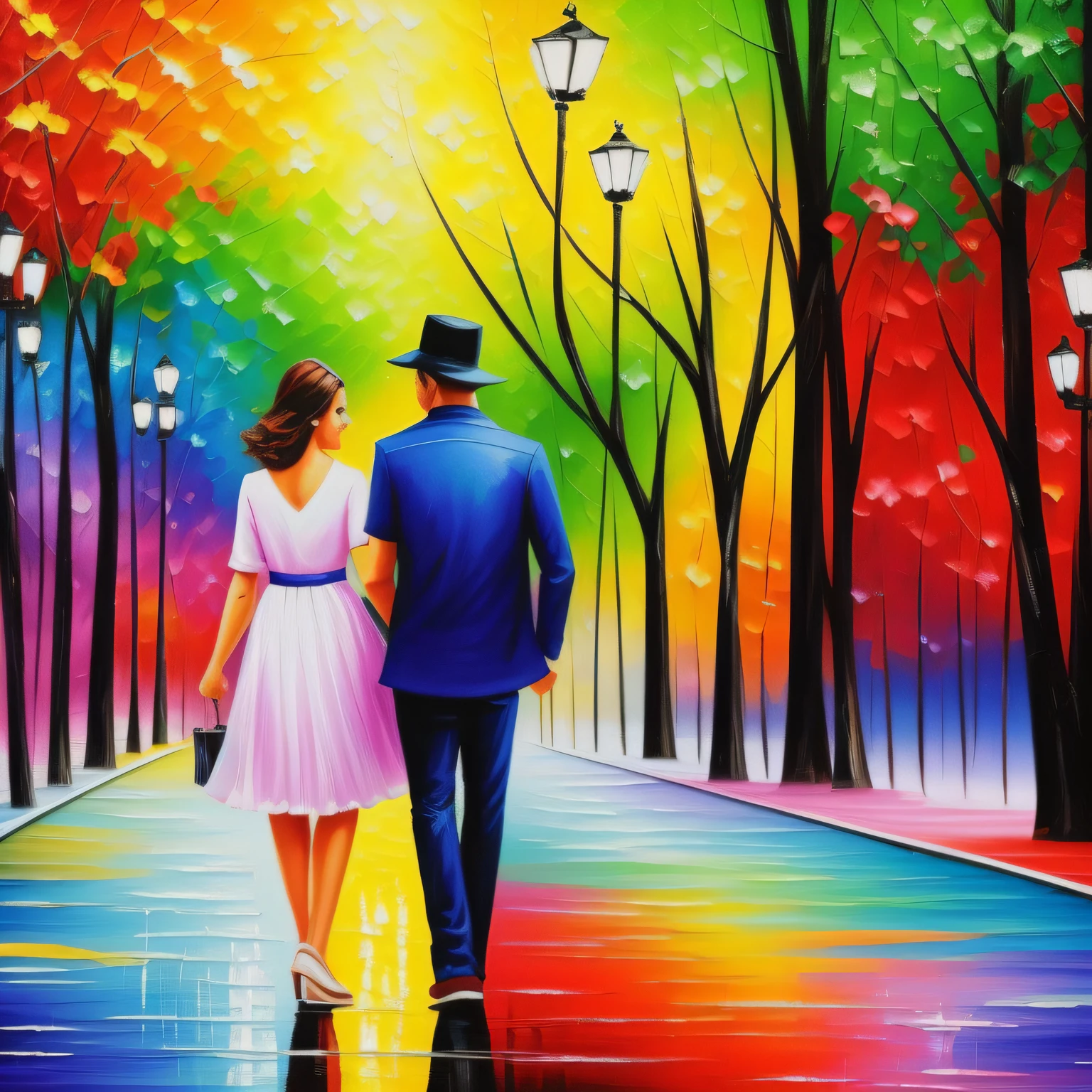 pintar: Um casal de amantes apaixonados e felizes andando no shopping. estilo de pintura: "impressionismo", com cores vibrantes bem definidas em 8K. Paint so that the characters are easily recognizable and reveal the perfection of the characters' facial expressions.