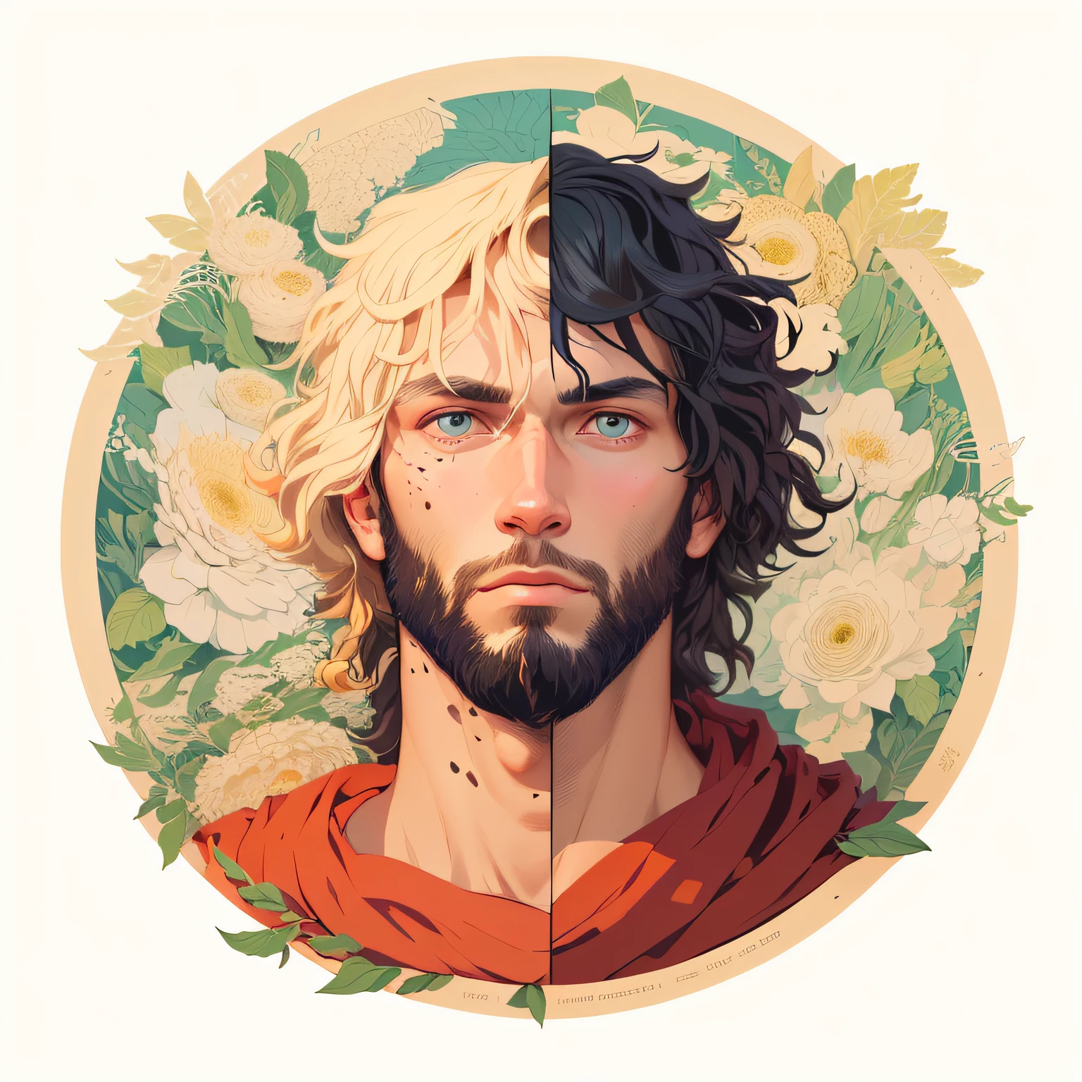 A drawing of a man with long hair and beards in a circle, official illustration, fanart detalhado, official character illustration, fantasy rpg symmetrical portrait, fanart requintada altamente detalhada, linha de trabalho detalhada, linha limpa, symmetrical face orelsan, full art illustration, Laurie Greasley e James Jean, trabalho de linha extremamente detalhado, simetria!! Retrato de Hades