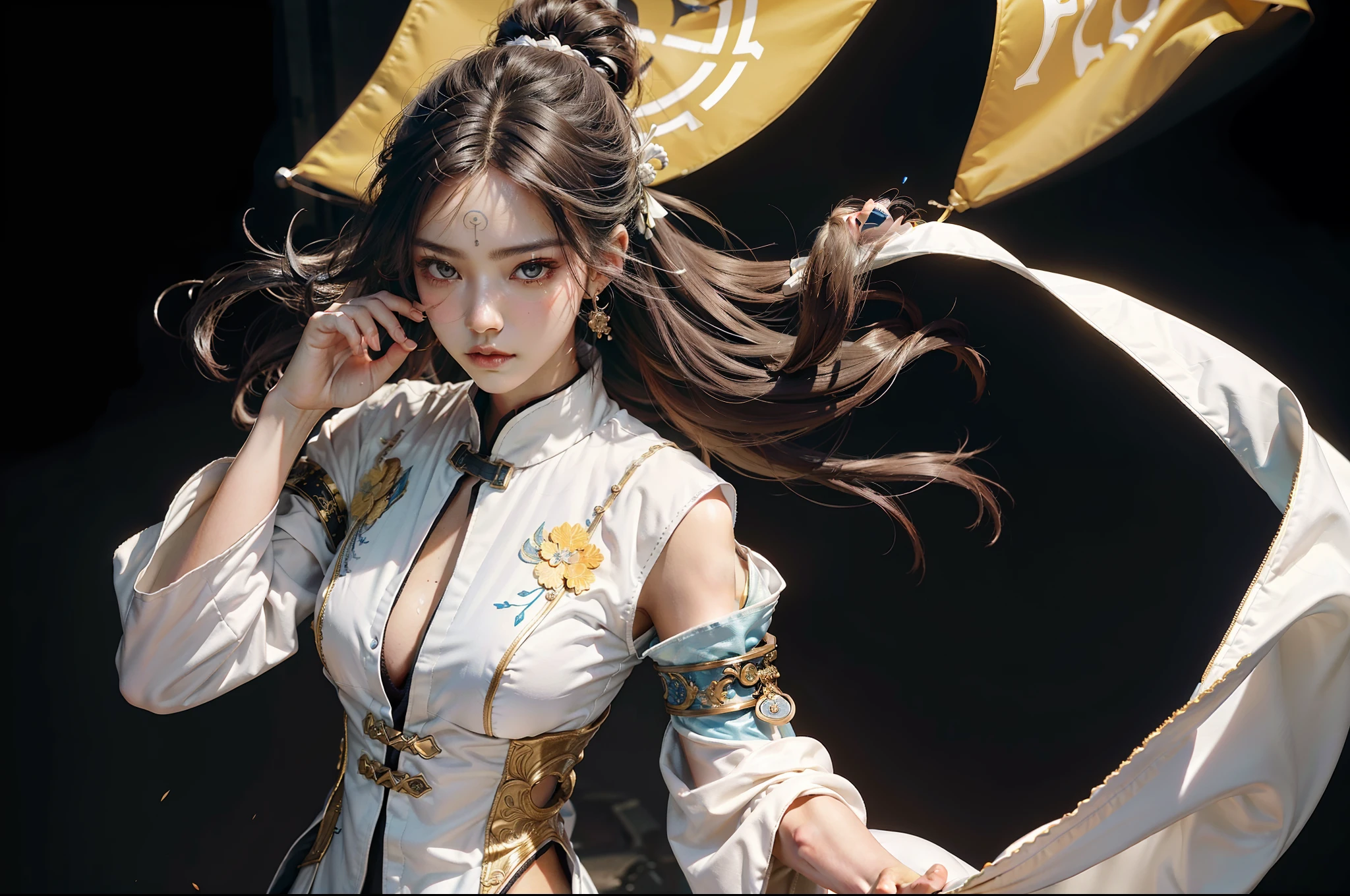 Crazy pose,Crazy tension,Cinematic light,((cyber punk style,machine arm,Hologram aura,Surreal Science Fiction Art,Future Science Fiction Aesthetics)),(1 girl solo), Close-up Shot Shot, (Determined eyes),(Ancient Chinese clothes,long white robe,Embroidered collar Uesugi,White large-sleeved shirt,Streamers),(Hairpins,cabelos preto e longos, arma),(Hanfu),(Clear facial features,detailed skin textures,beauitful face),white backgrounid, 耳Nipple Ring,Yellow skin, standing on your feet,(tmasterpiece,top Quority,best qualtiy),(((flatcolors))),,Wide shot, From above, up-close, Ultra-wide angle, Wide-angle, Sony FE GM,