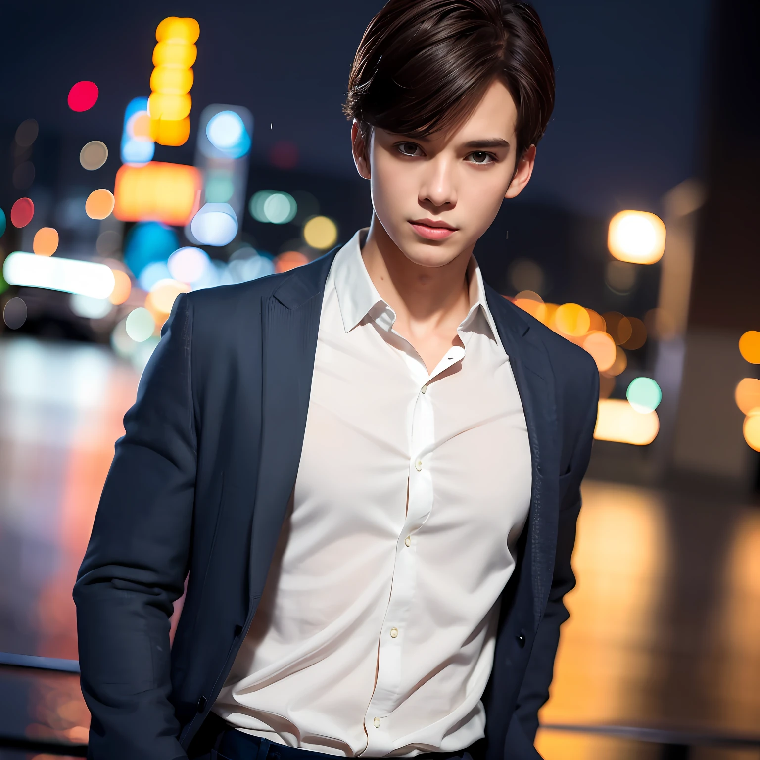 Casual pose, (extremely delicate and beautiful work), (masterpiece), 1boy, overbearing president, white shirt, high detail, suit, watch, cold expression, clear eyes, simple bokeh background, extreme detail depiction, handsome and compelling, super fine painting, delicate face, fine mix4, (8k, RAW photo, best quality, masterpiece: 1.2), (realistic, realistic: 1.37), 1boy, handsome, cityscape, (((night))), rain, wet, professional lighting, photon mapping, radiosity, physically-based rendering,