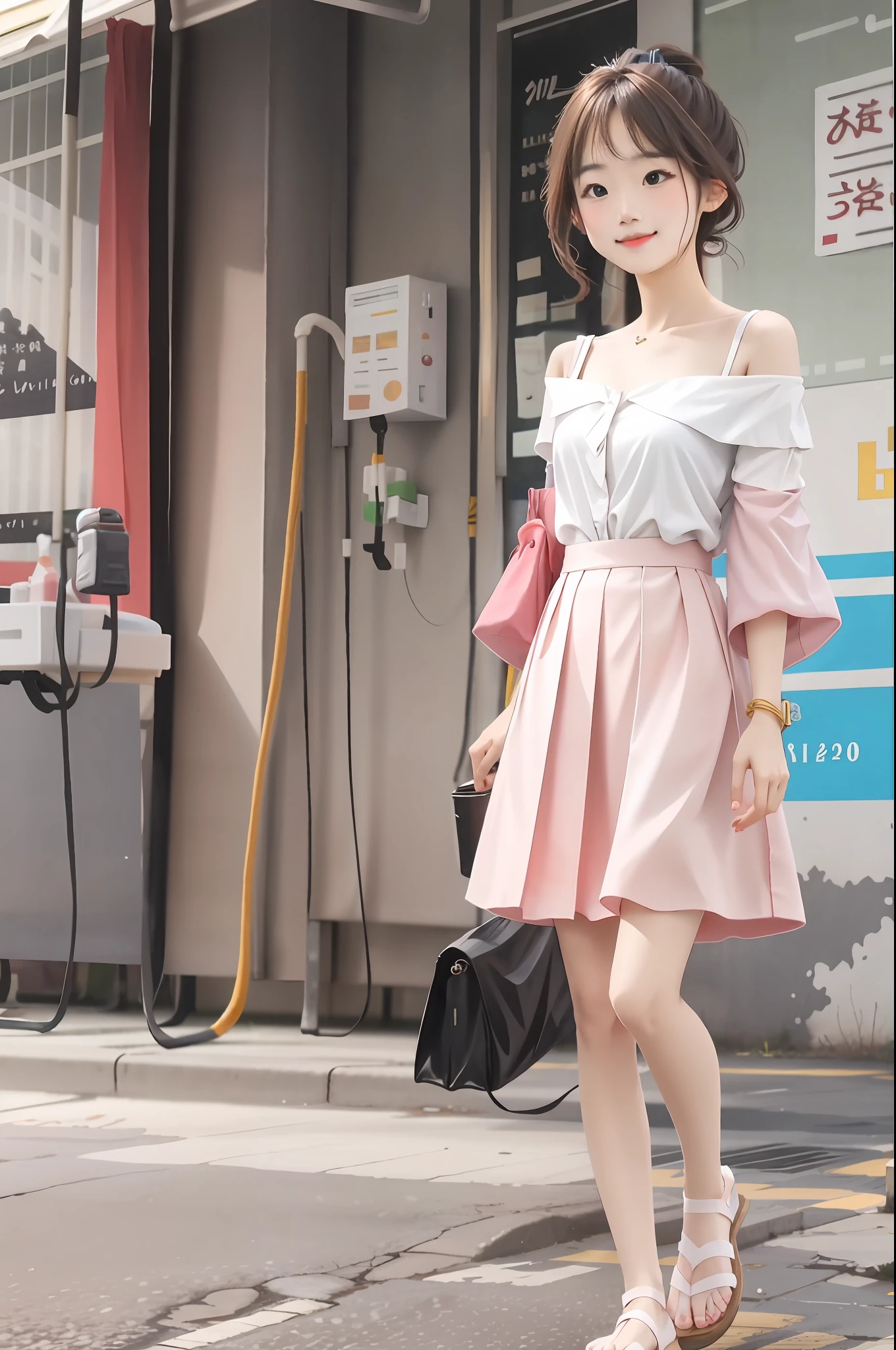 Black over-the-shoulder ponytail hair，By bangs，White color blouse，Pale pink skirt，White sandals